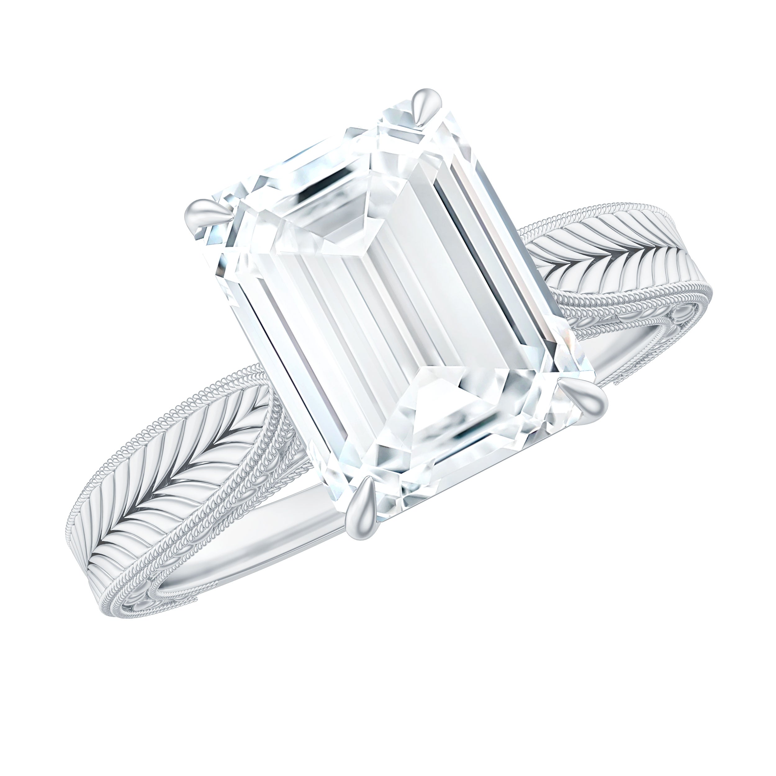 7x9mm Emerald Cut Certified Moissanite Vintage Inspired Engagement Ring