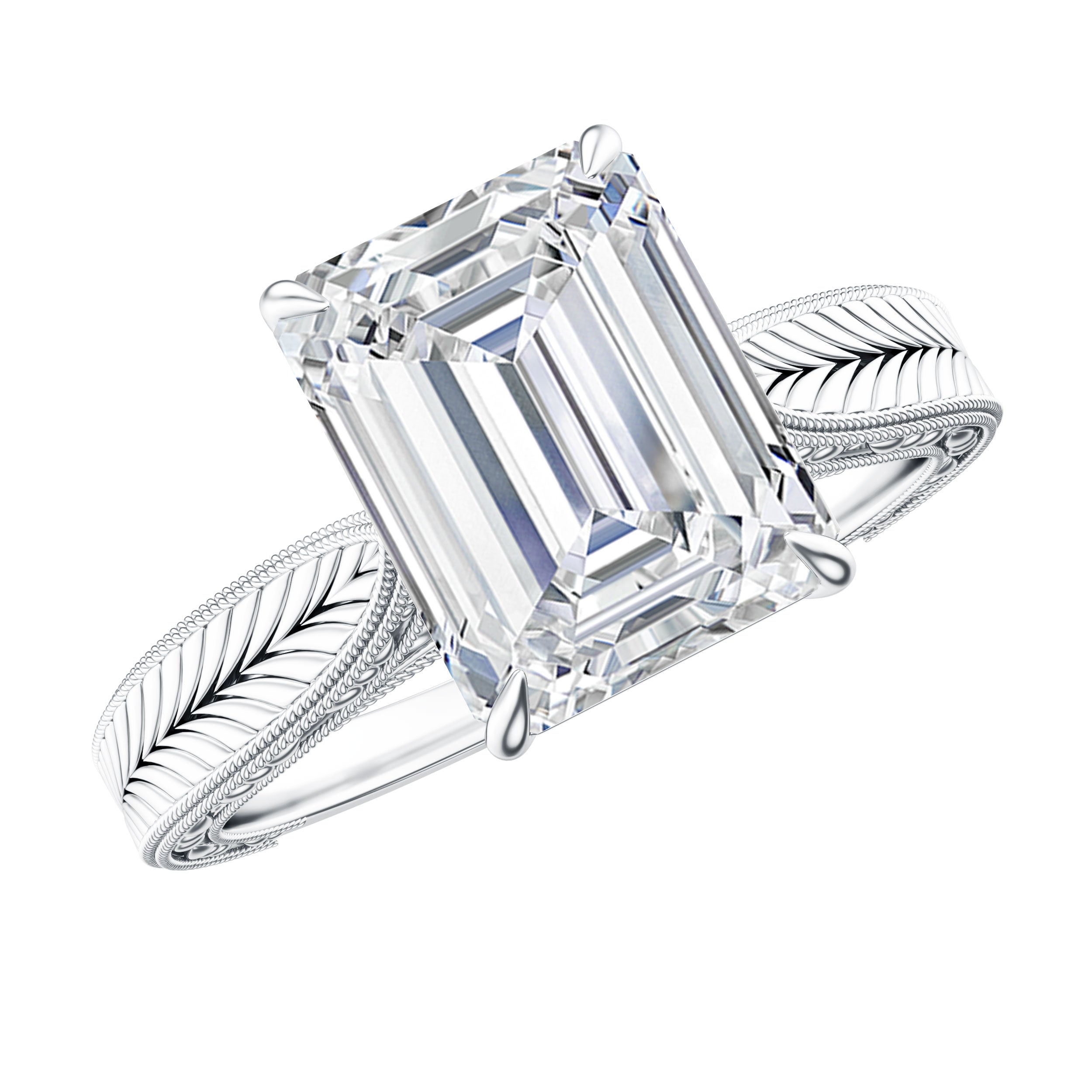 7x9mm Emerald Cut Certified Moissanite Vintage Inspired Engagement Ring D-VS1 - Rosec Jewels