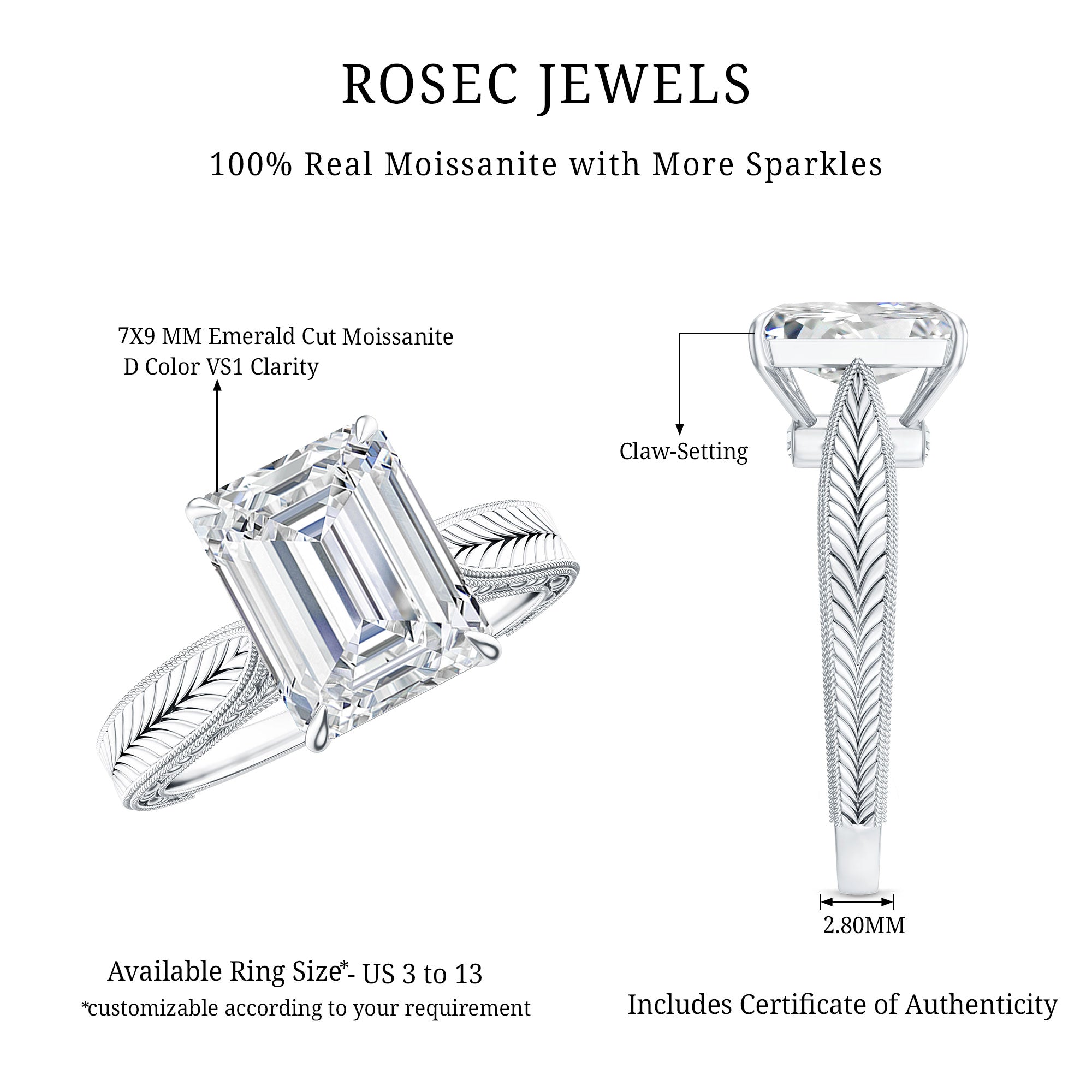 7x9mm Emerald Cut Certified Moissanite Vintage Inspired Engagement Ring D-VS1 - Rosec Jewels