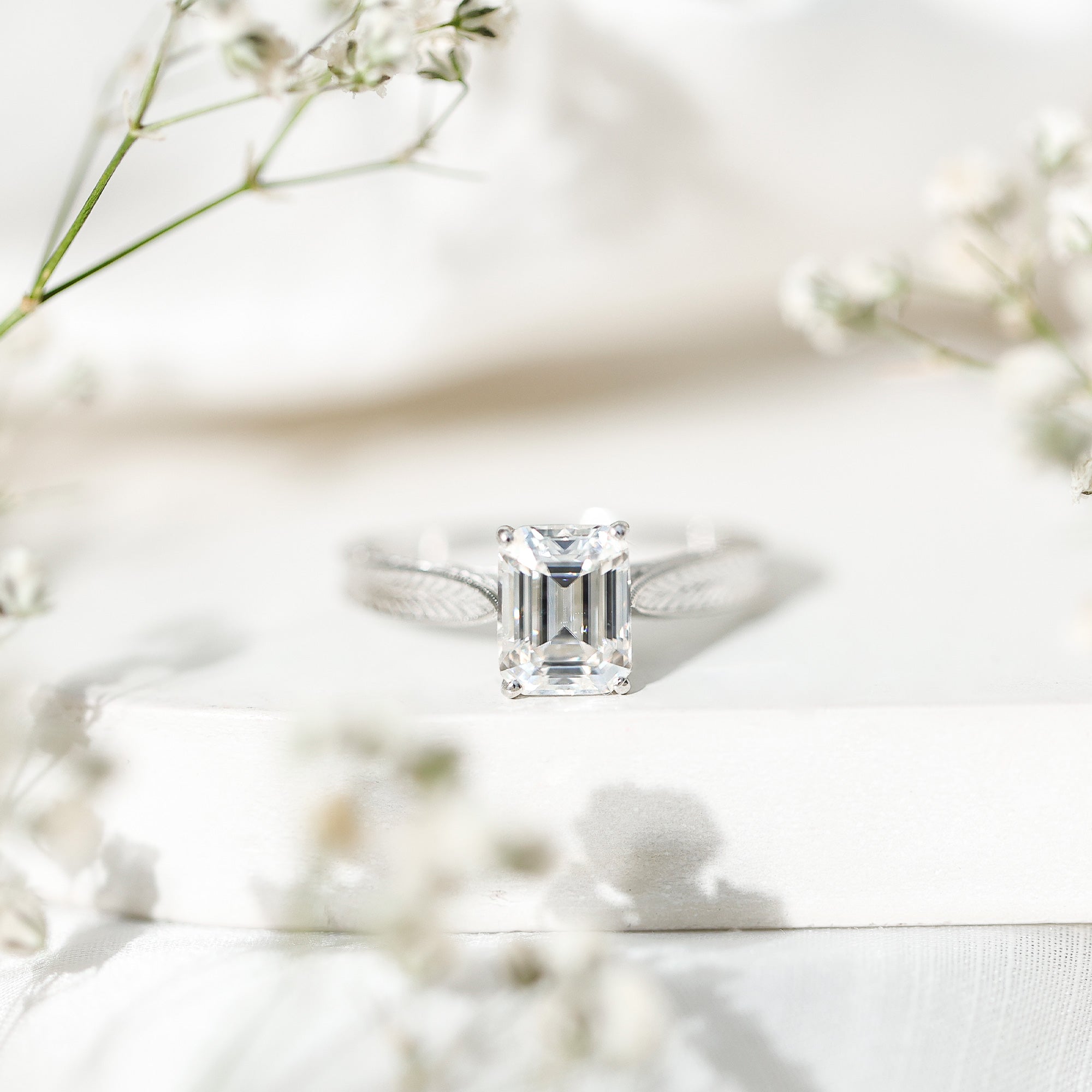 7x9mm Emerald Cut Certified Moissanite Vintage Inspired Engagement Ring D-VS1 - Rosec Jewels