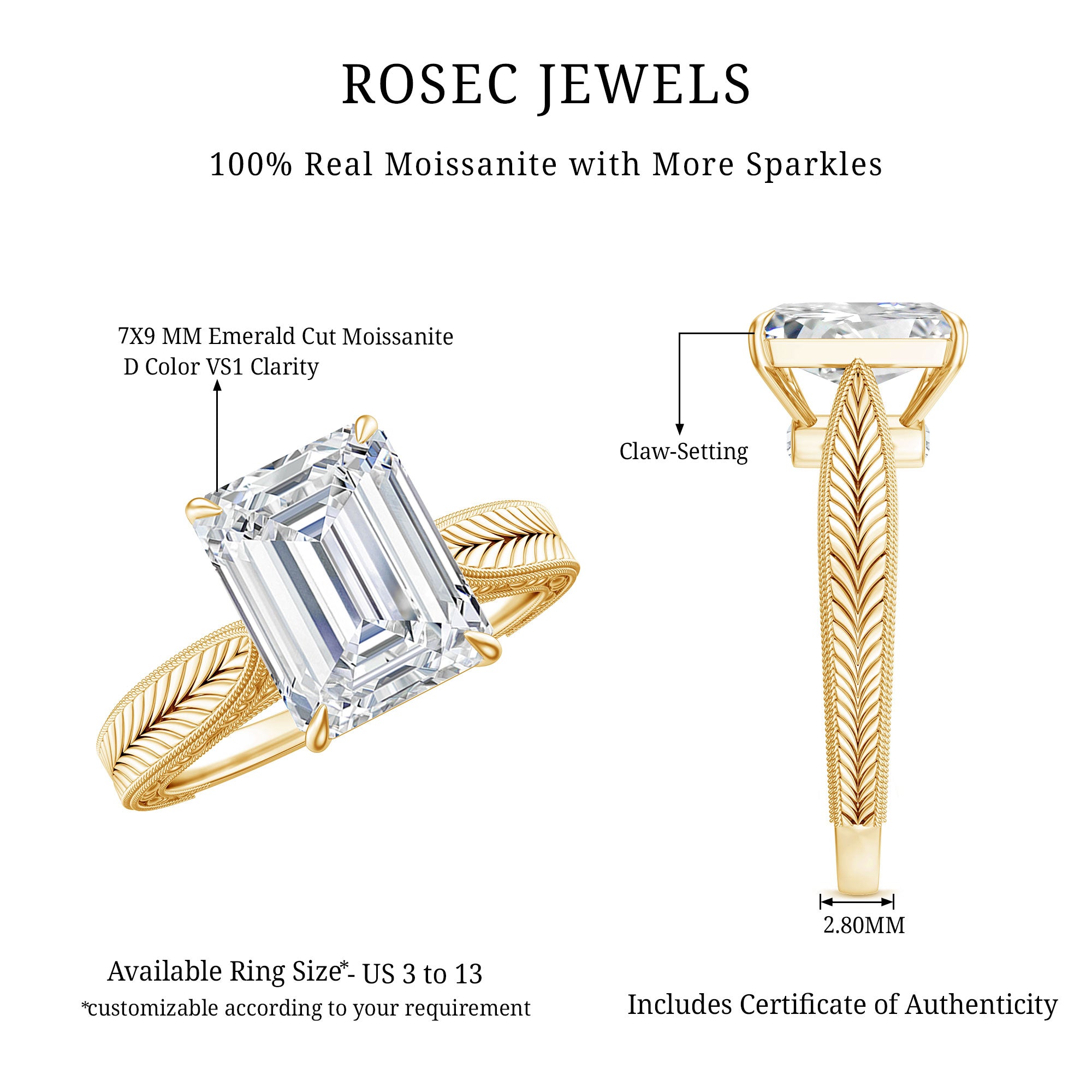 7x9mm Emerald Cut Certified Moissanite Vintage Inspired Engagement Ring D-VS1 - Rosec Jewels