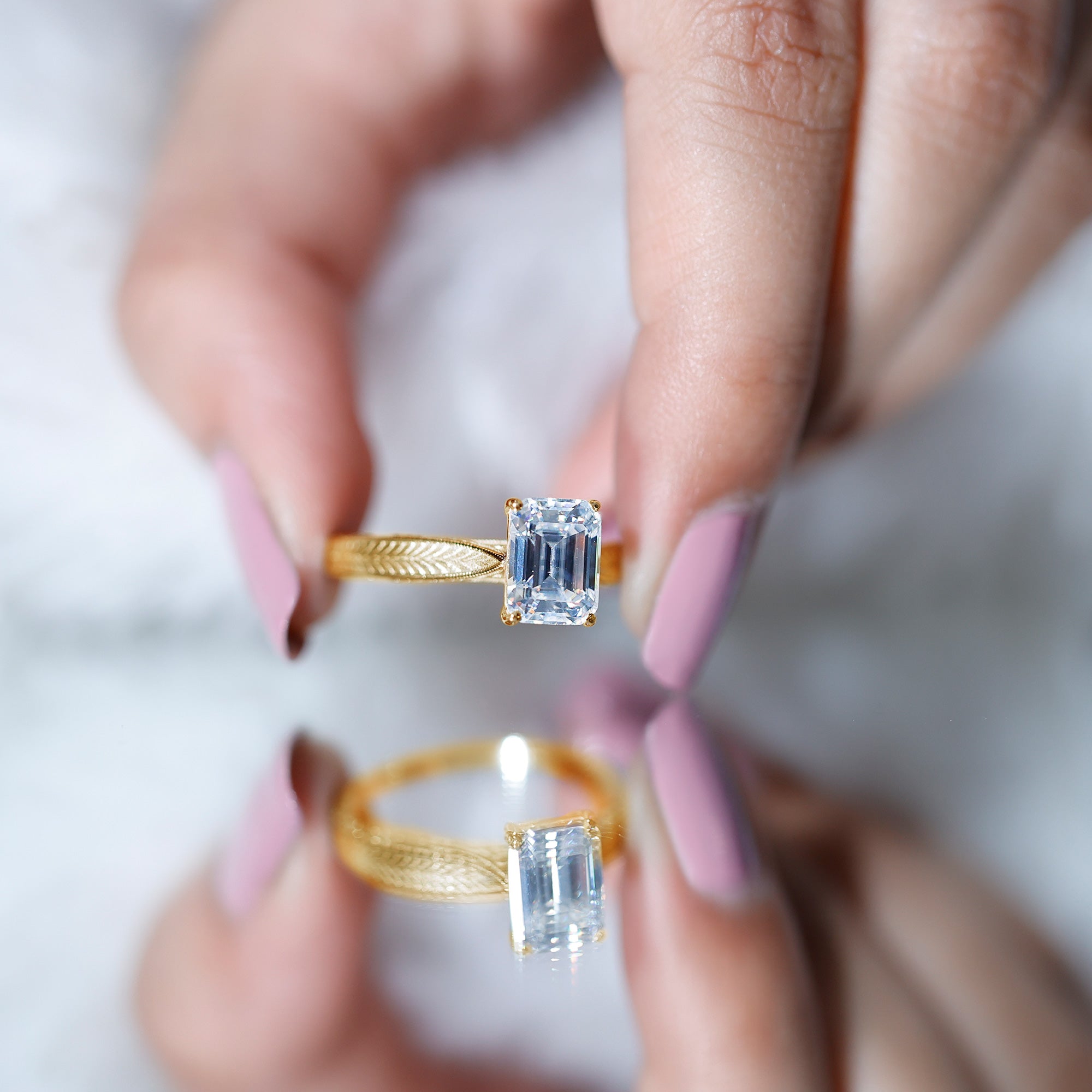 7x9mm Emerald Cut Certified Moissanite Vintage Inspired Engagement Ring D-VS1 - Rosec Jewels