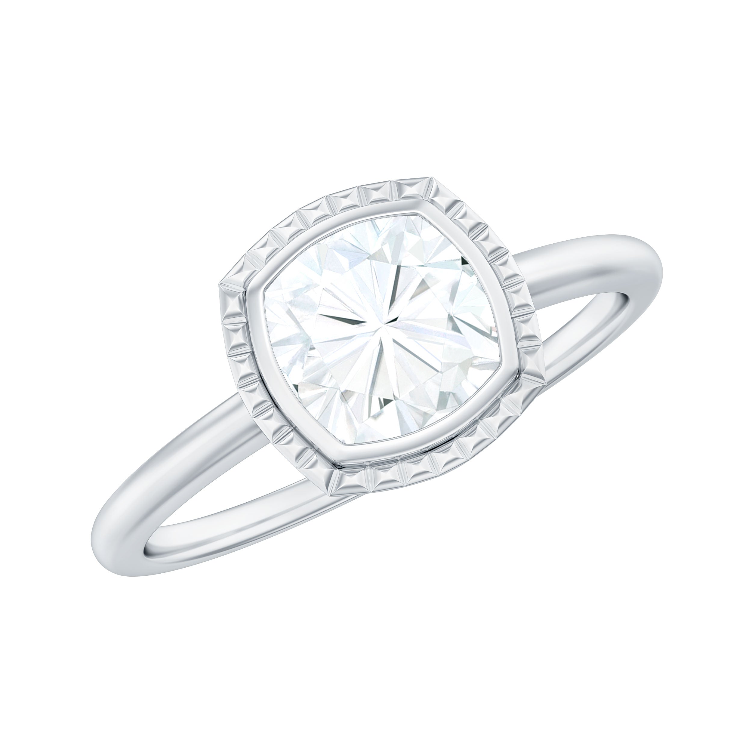 6mm Cushion Cut Moissanite Solitaire Ring in Bezel Setting