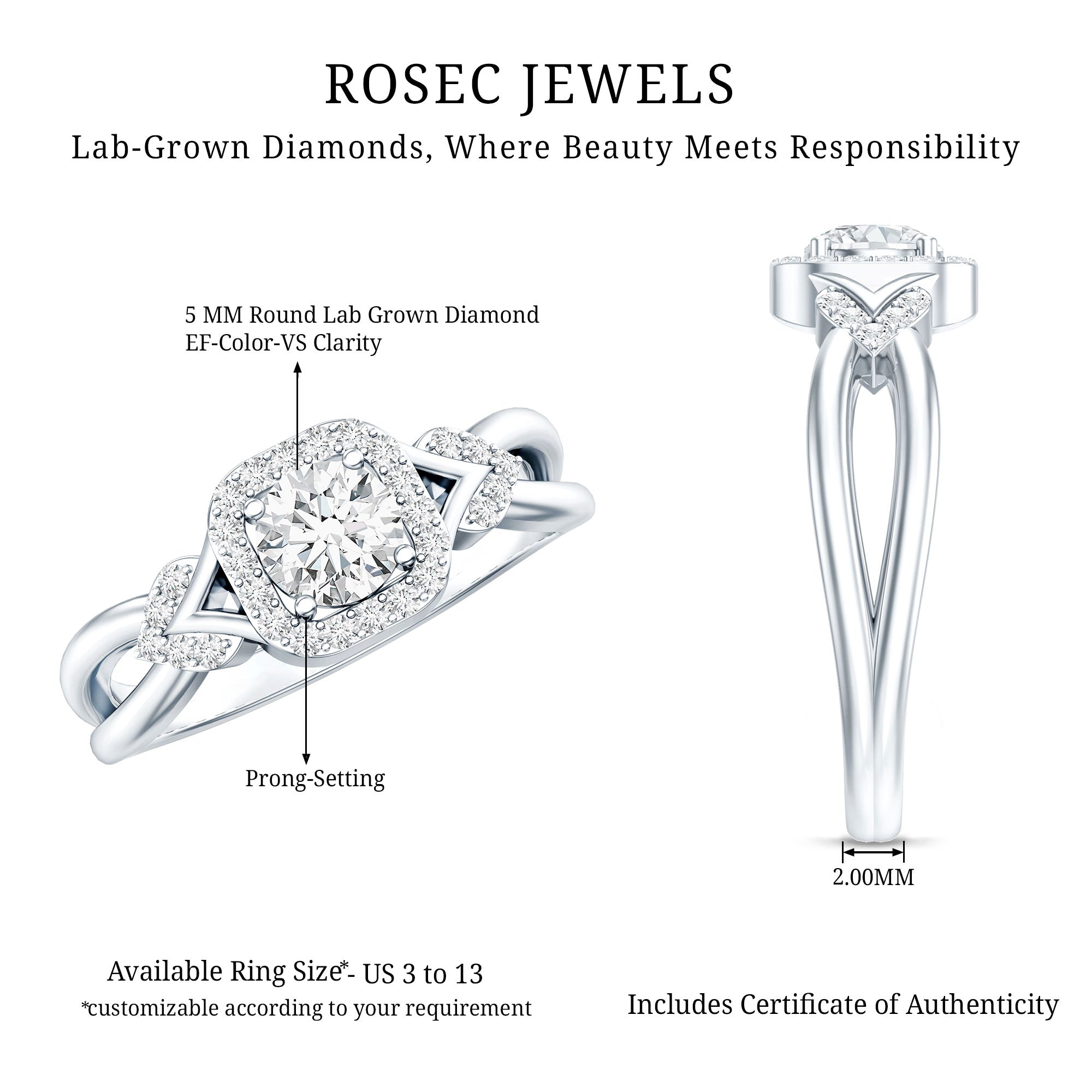 Lab Grown Diamond Halo Engagement Ring Lab - ( EF-VS ) - Rosec Jewels