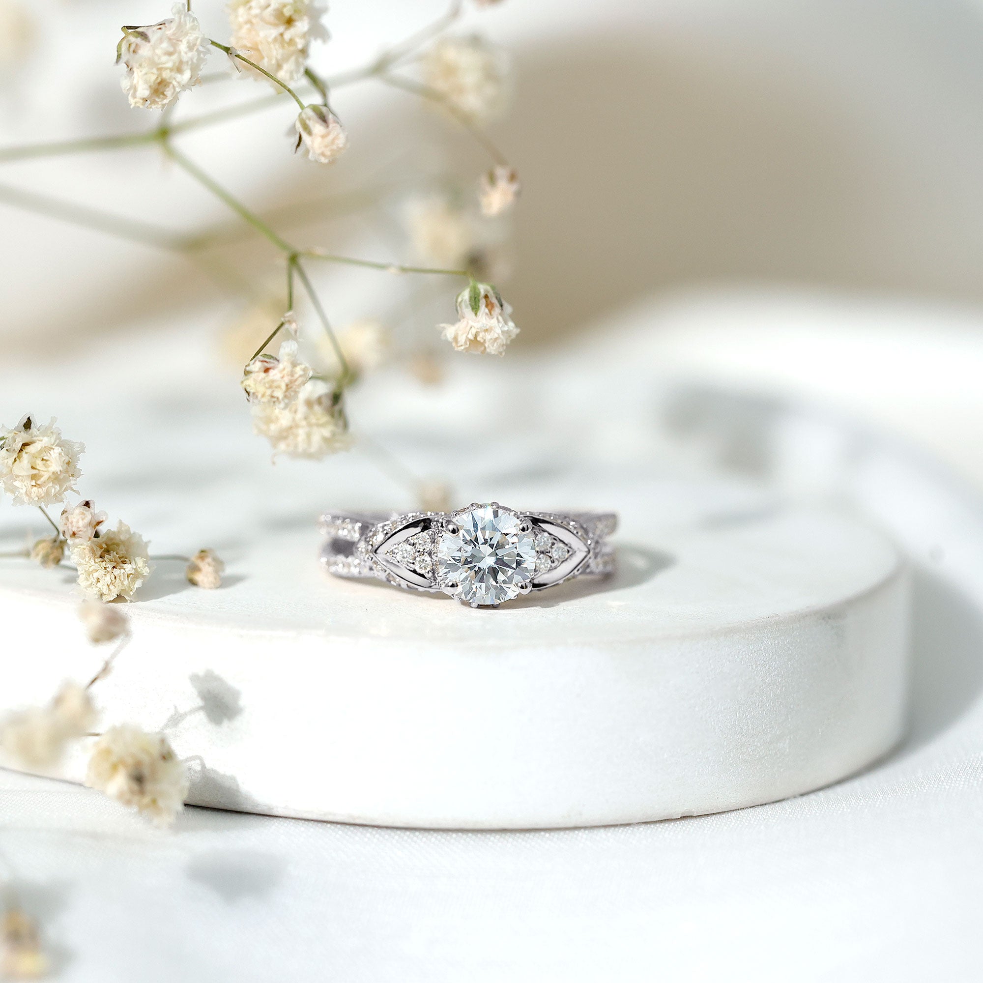Lab Grown Diamond Round Engagement Ring With Side Stone Lab - ( EF-VS ) - Rosec Jewels