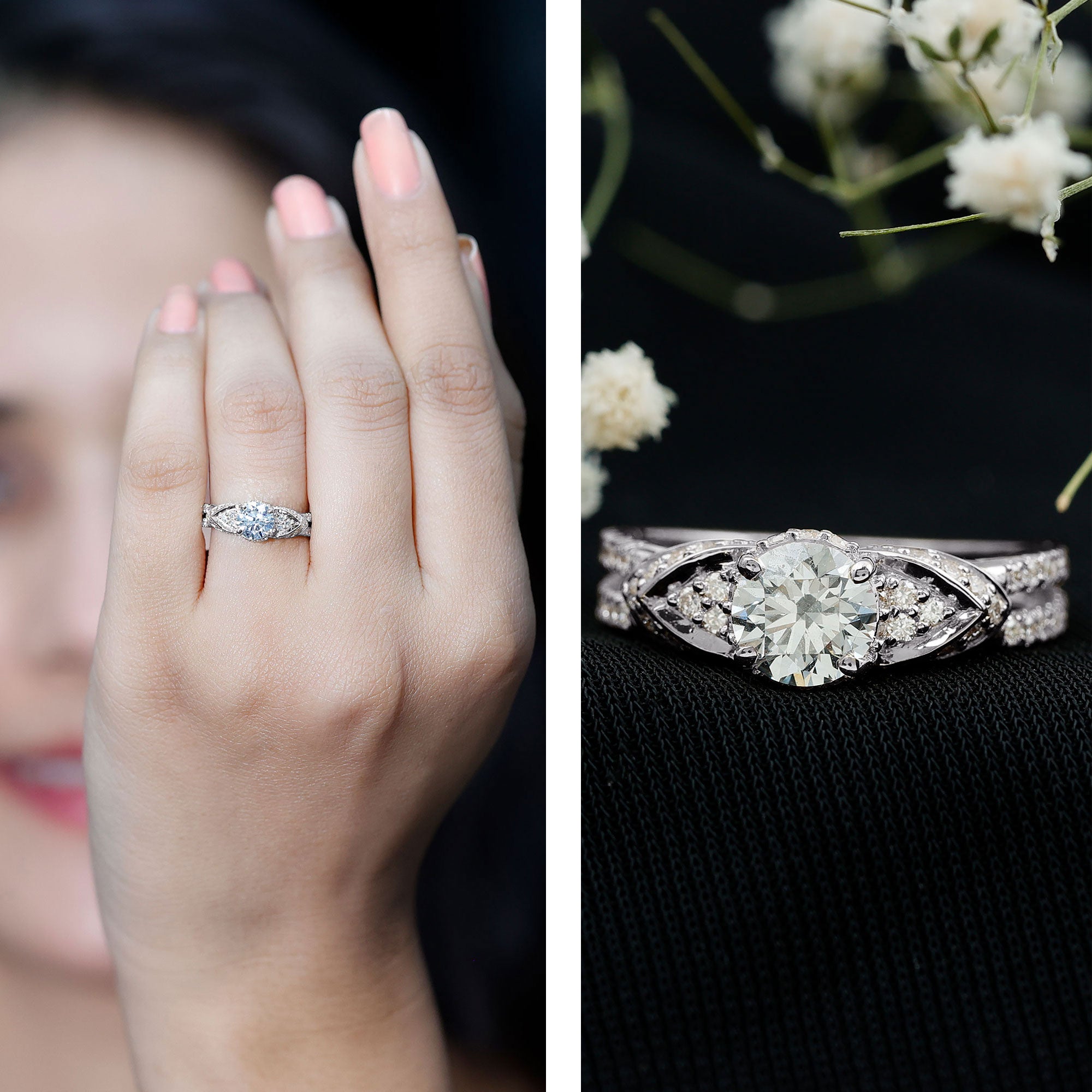 Lab Grown Diamond Round Engagement Ring With Side Stone Lab - ( EF-VS ) - Rosec Jewels