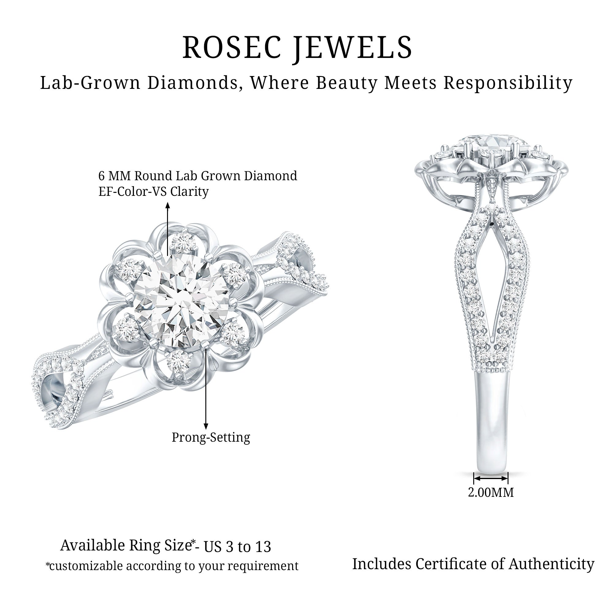 Nature Inspired Lab Grown Diamond Engagement Ring Lab - ( EF-VS ) - Rosec Jewels