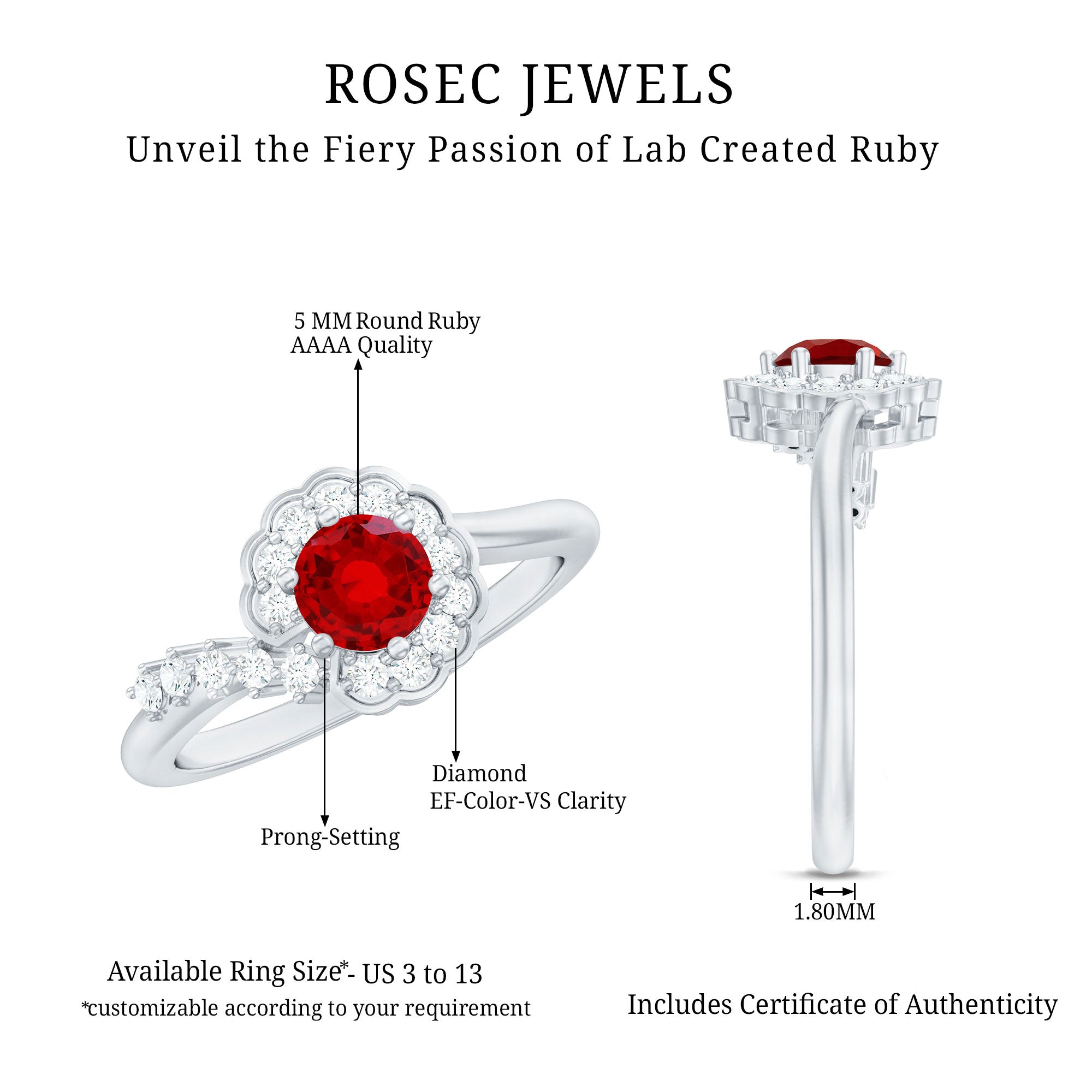 Certified Lab Created Ruby and Diamond Flower Engagement Ring AAAA - Rosec Jewels