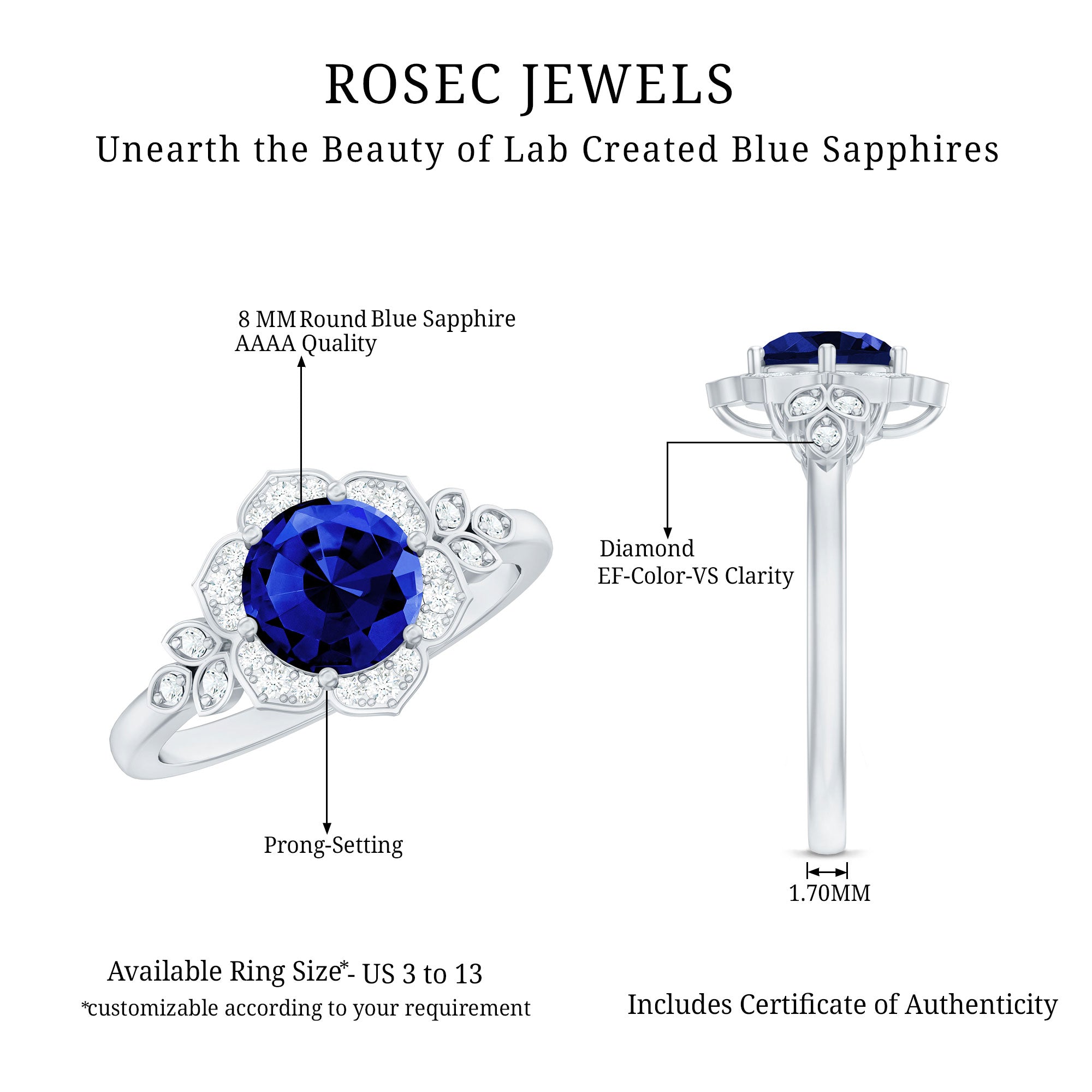 Round Created Blue Sapphire Flower Engagement Ring with Diamond AAAA - Rosec Jewels