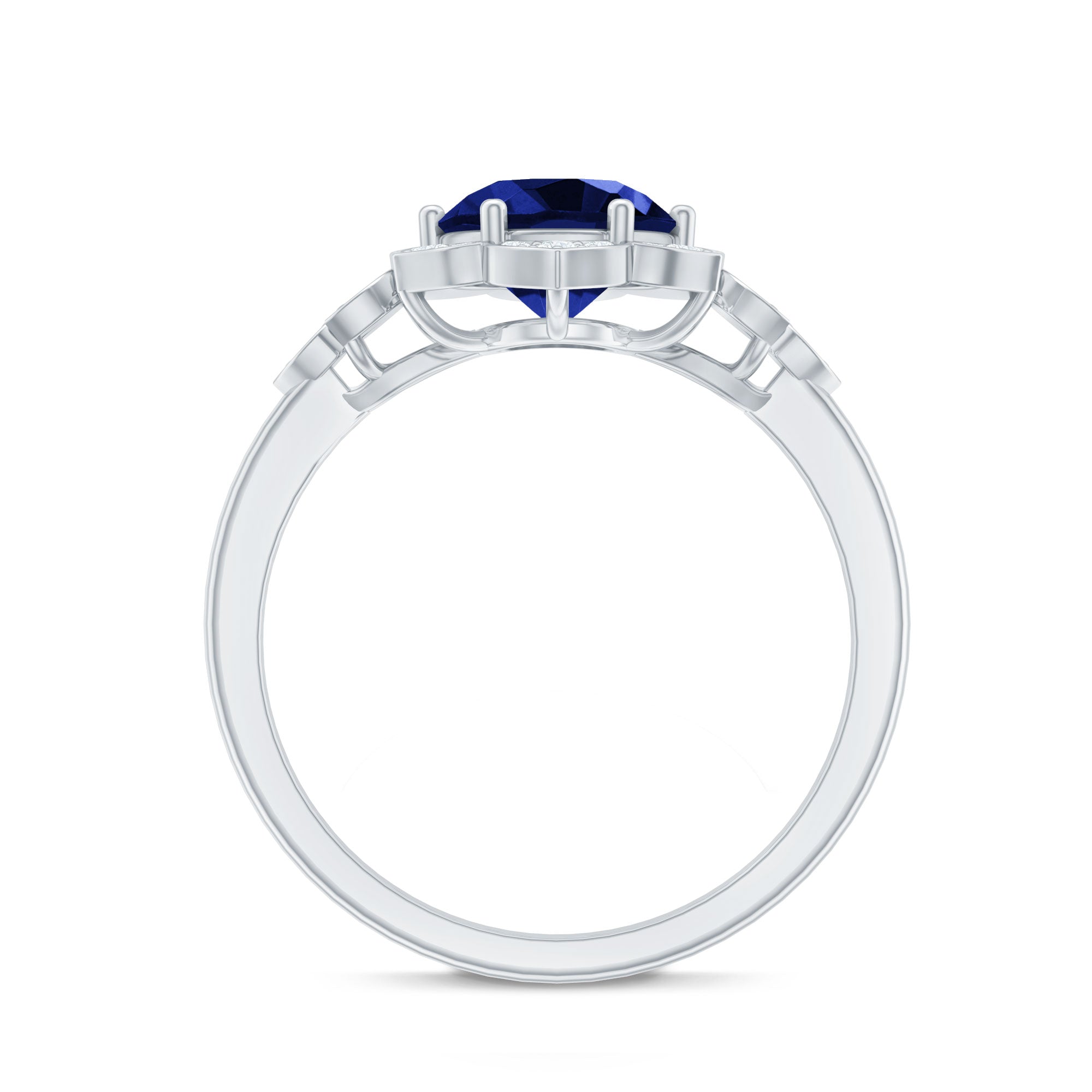 Round Created Blue Sapphire Flower Engagement Ring with Diamond AAAA - Rosec Jewels