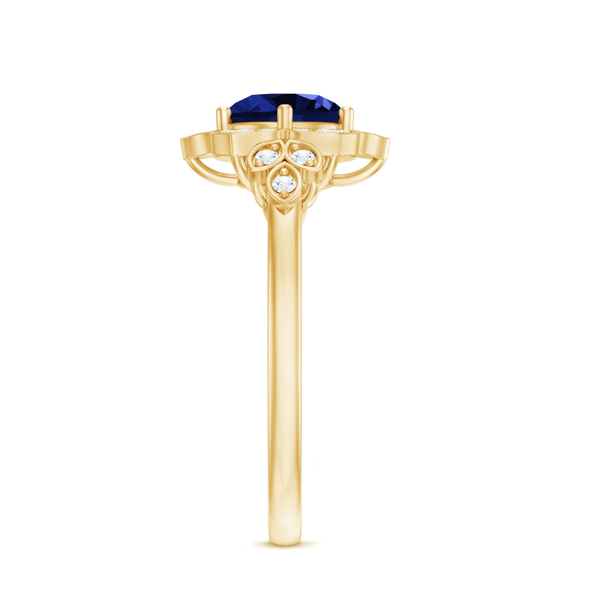 Round Created Blue Sapphire Flower Engagement Ring with Diamond AAAA - Rosec Jewels