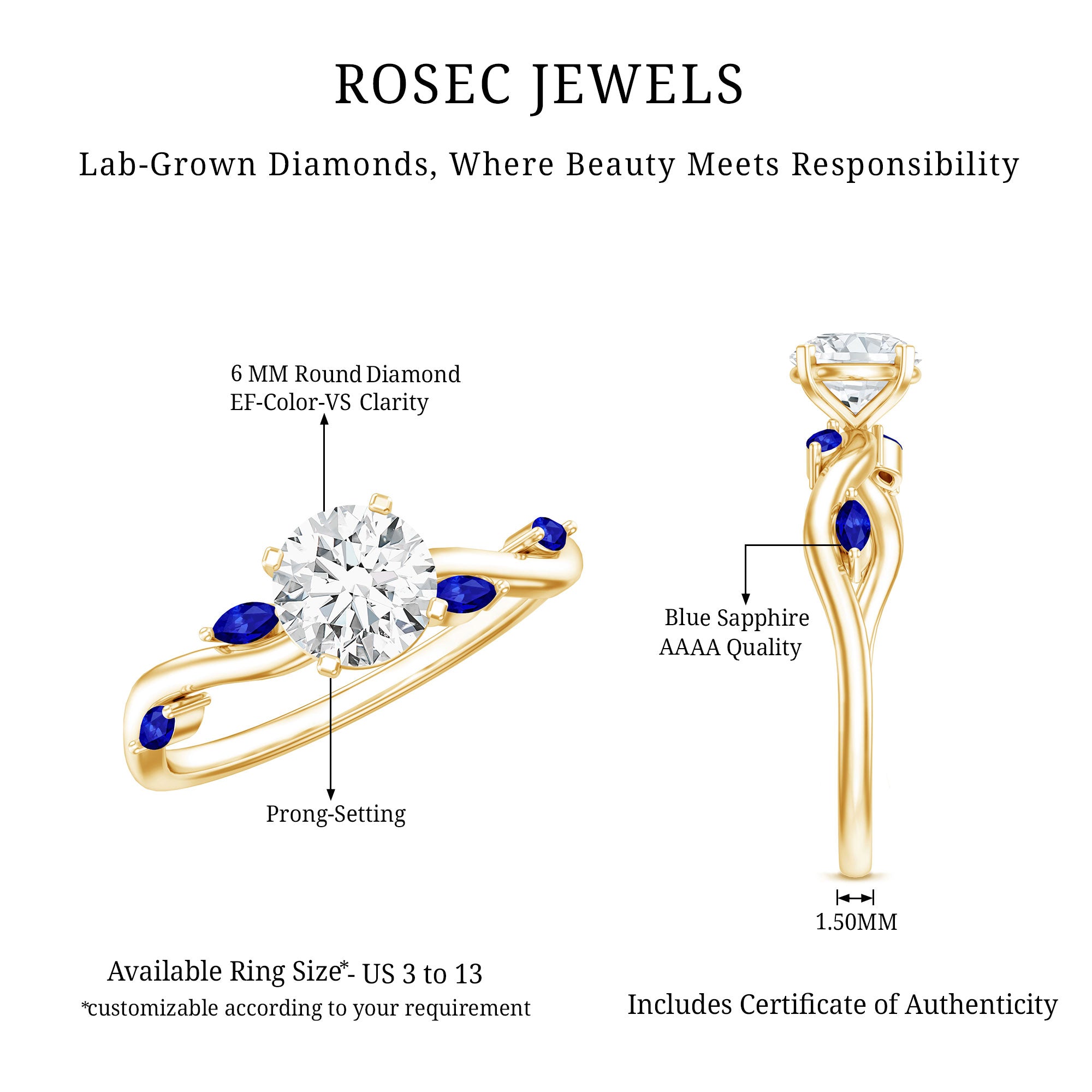 Certified Lab Grown Diamond Engagement Ring with Sapphire Lab - ( EF-VS ) - Rosec Jewels