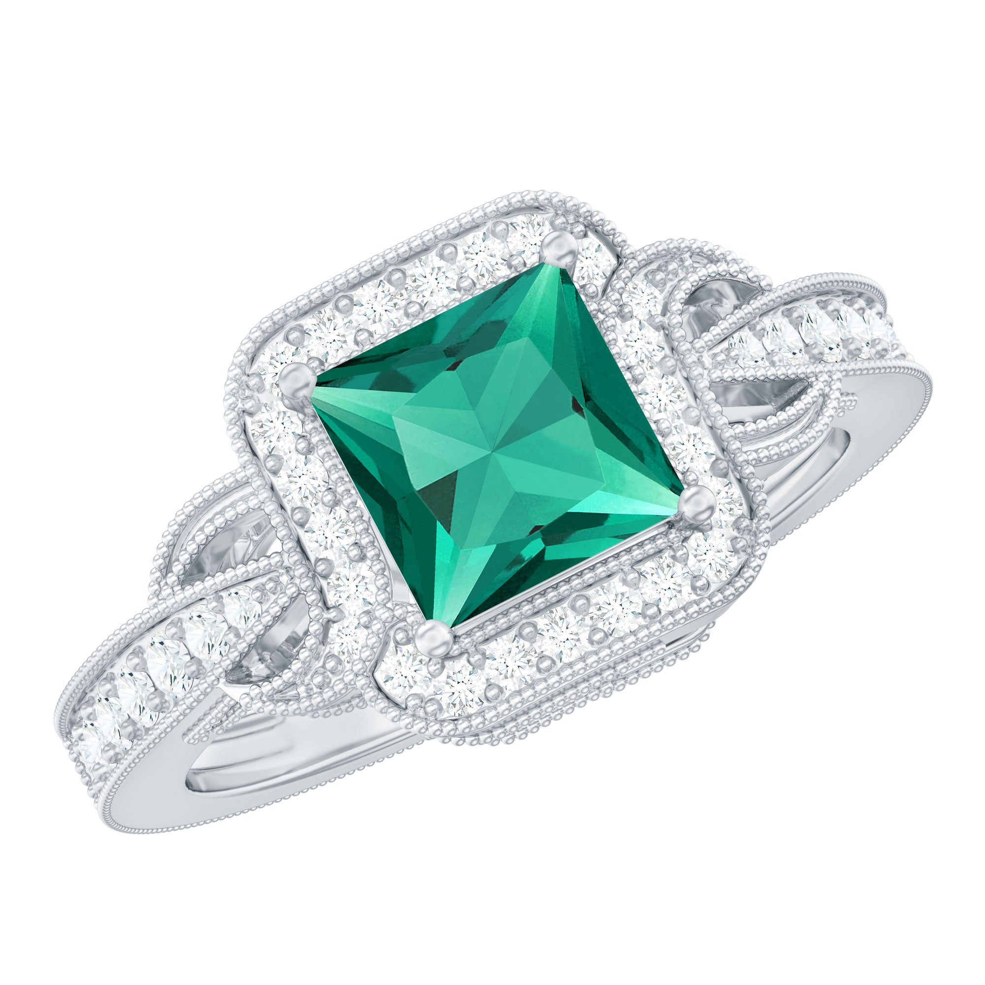 Lab Grown Emerald Vintage Inspired Engagement Ring with Diamond