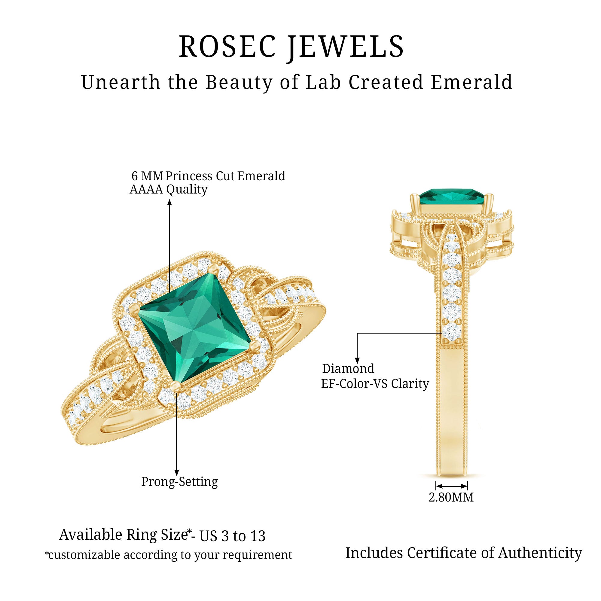 Lab Grown Emerald Vintage Inspired Engagement Ring with Diamond AAAA - Rosec Jewels