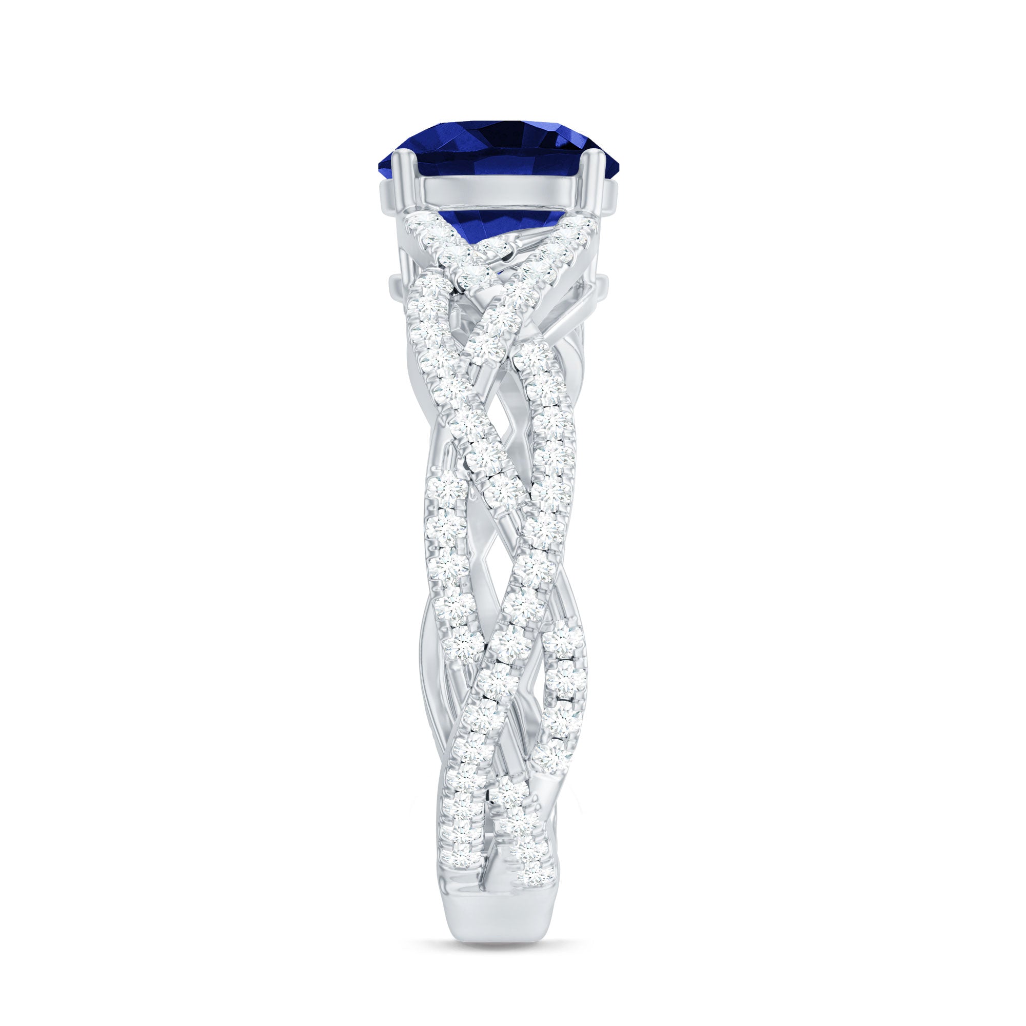 Designer 2.7 Carat Lab Grown Blue Sapphire Engagement Ring with Diamond Criss Cross Shank AAAA - Rosec Jewels