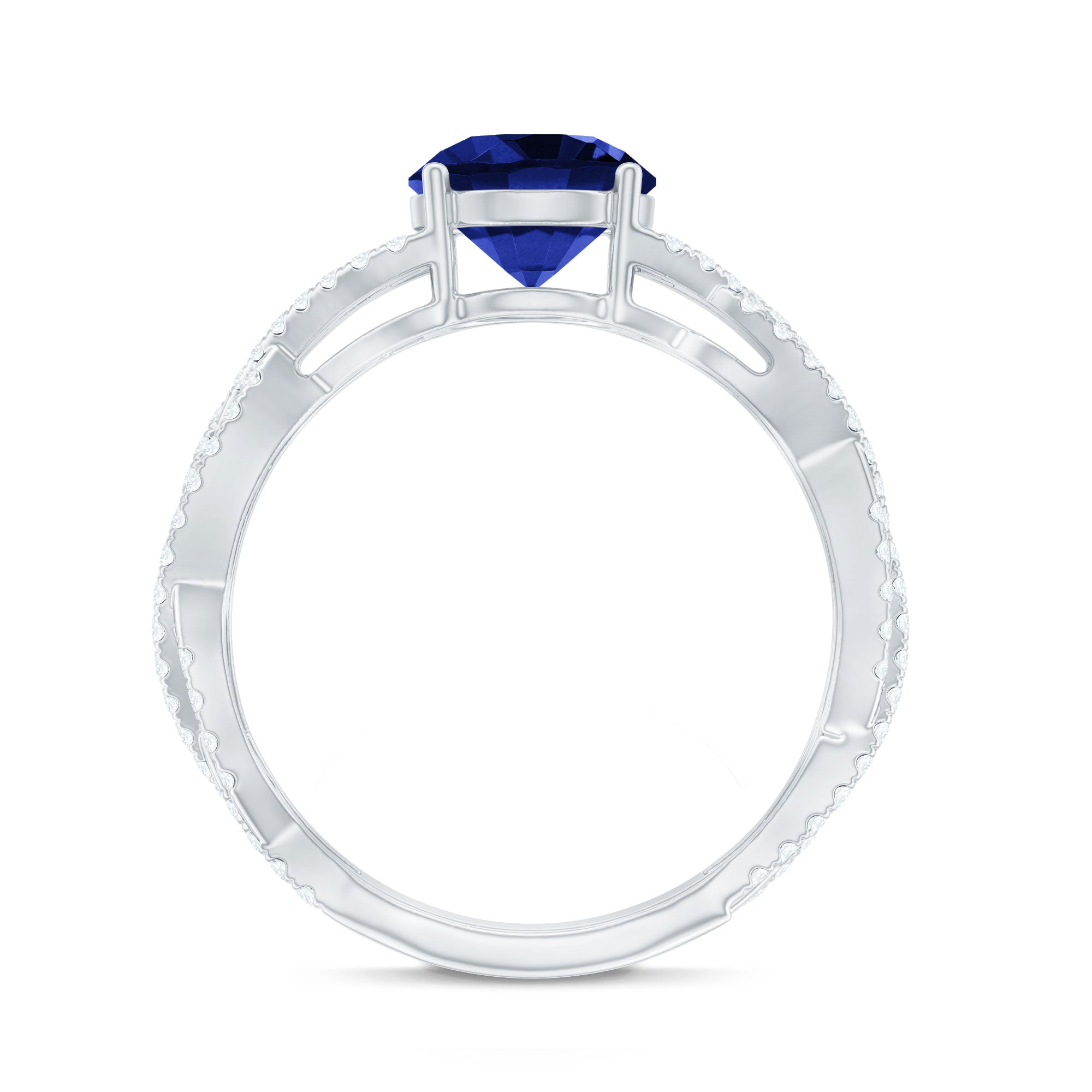 Designer 2.7 Carat Lab Grown Blue Sapphire Engagement Ring with Diamond Criss Cross Shank AAAA - Rosec Jewels