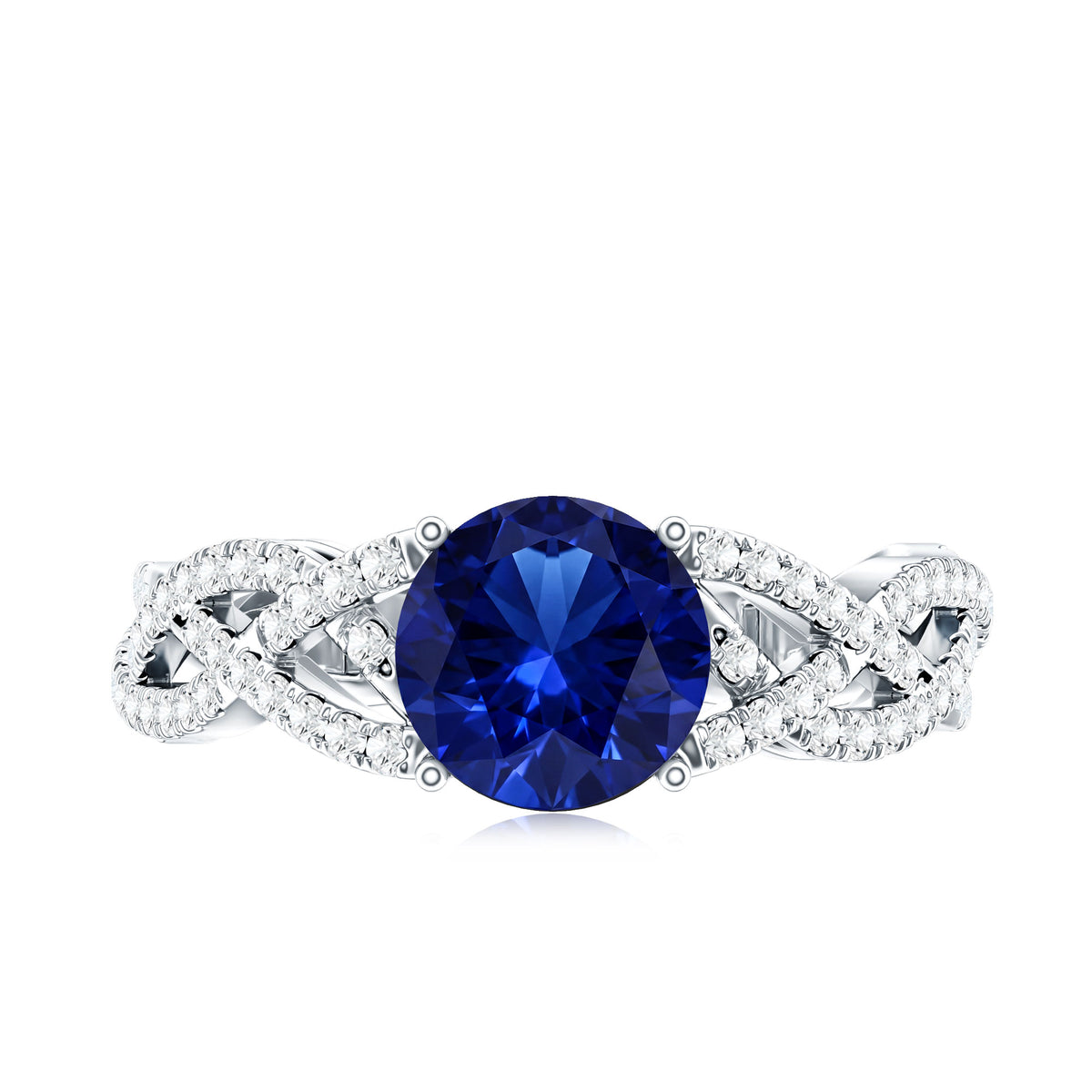 Designer 2.7 Carat Lab Grown Blue Sapphire Engagement Ring with Diamond Criss Cross Shank AAAA - Rosec Jewels
