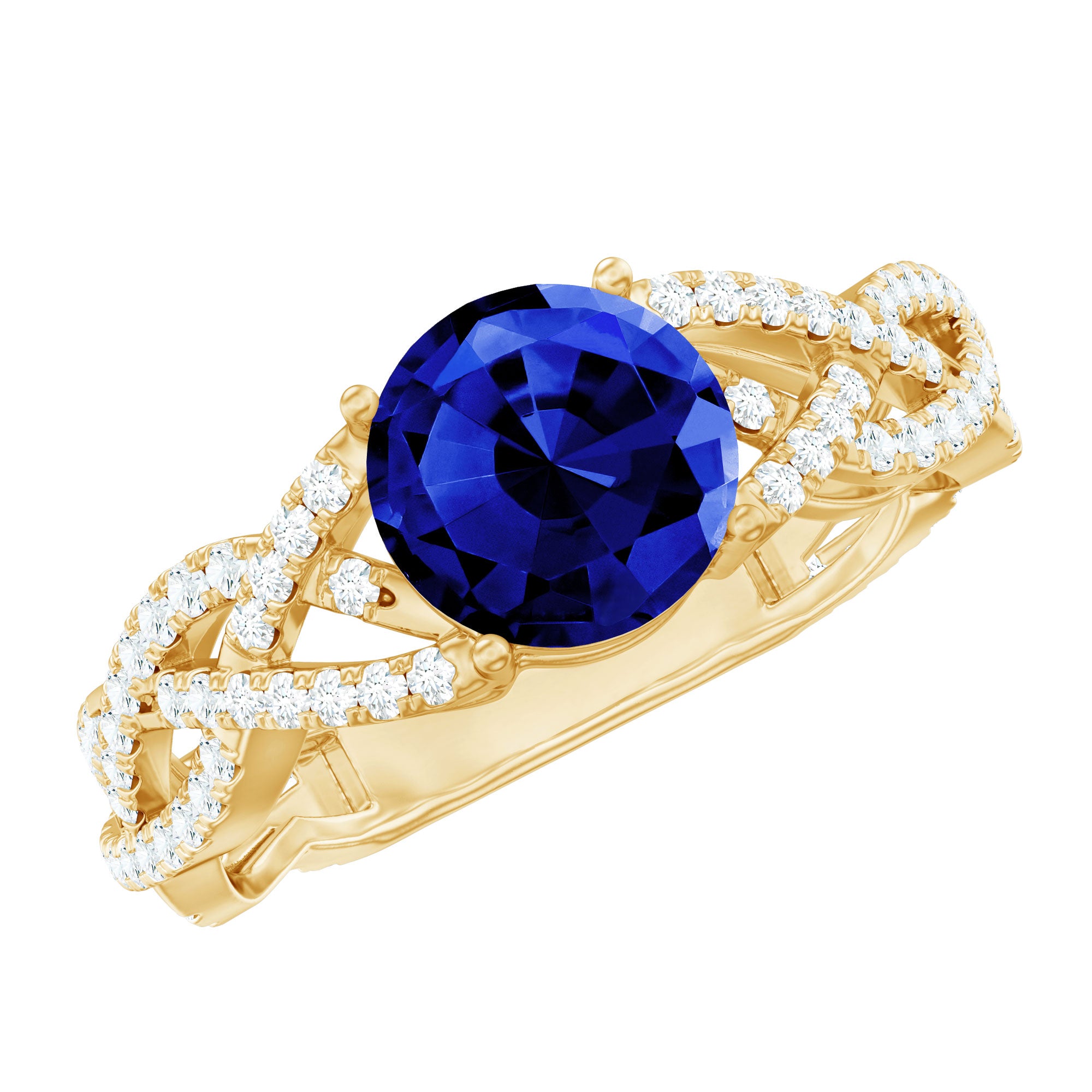 Designer 2.7 Carat Lab Grown Blue Sapphire Engagement Ring with Diamond Criss Cross Shank AAAA - Rosec Jewels