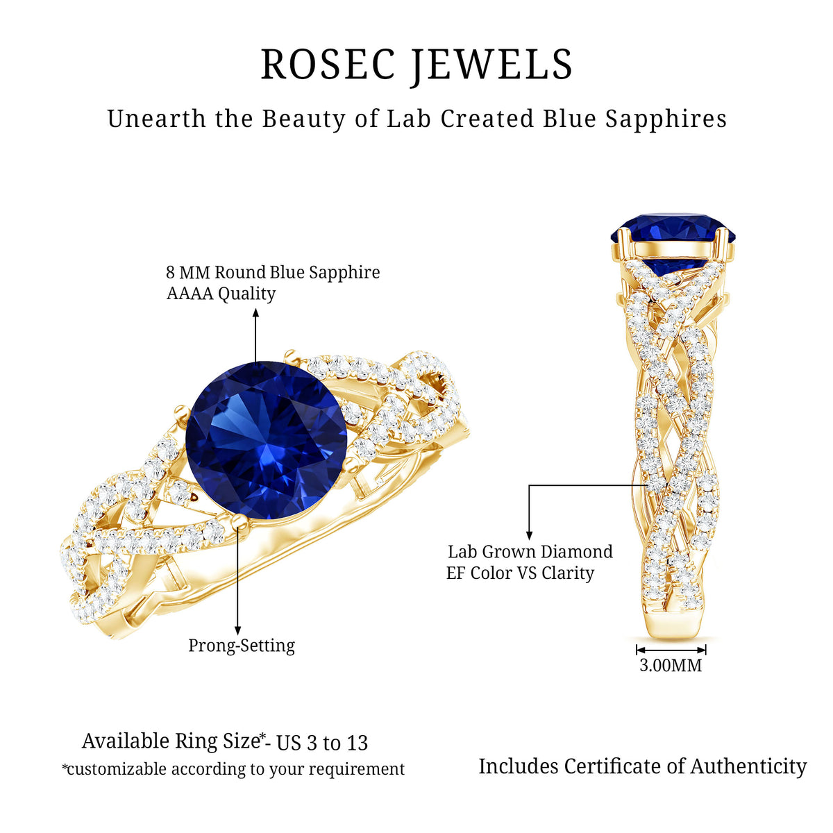 Designer 2.7 Carat Lab Grown Blue Sapphire Engagement Ring with Diamond Criss Cross Shank AAAA - Rosec Jewels