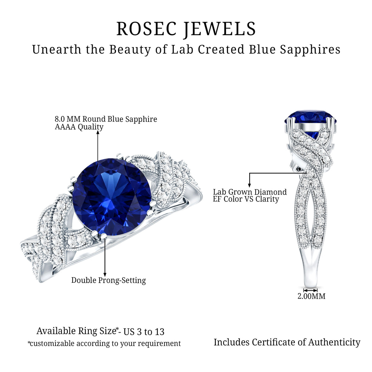 Designer 2.7 Carat Lab Grown Blue Sapphire Statement Engagement Ring with Diamond AAAA - Rosec Jewels