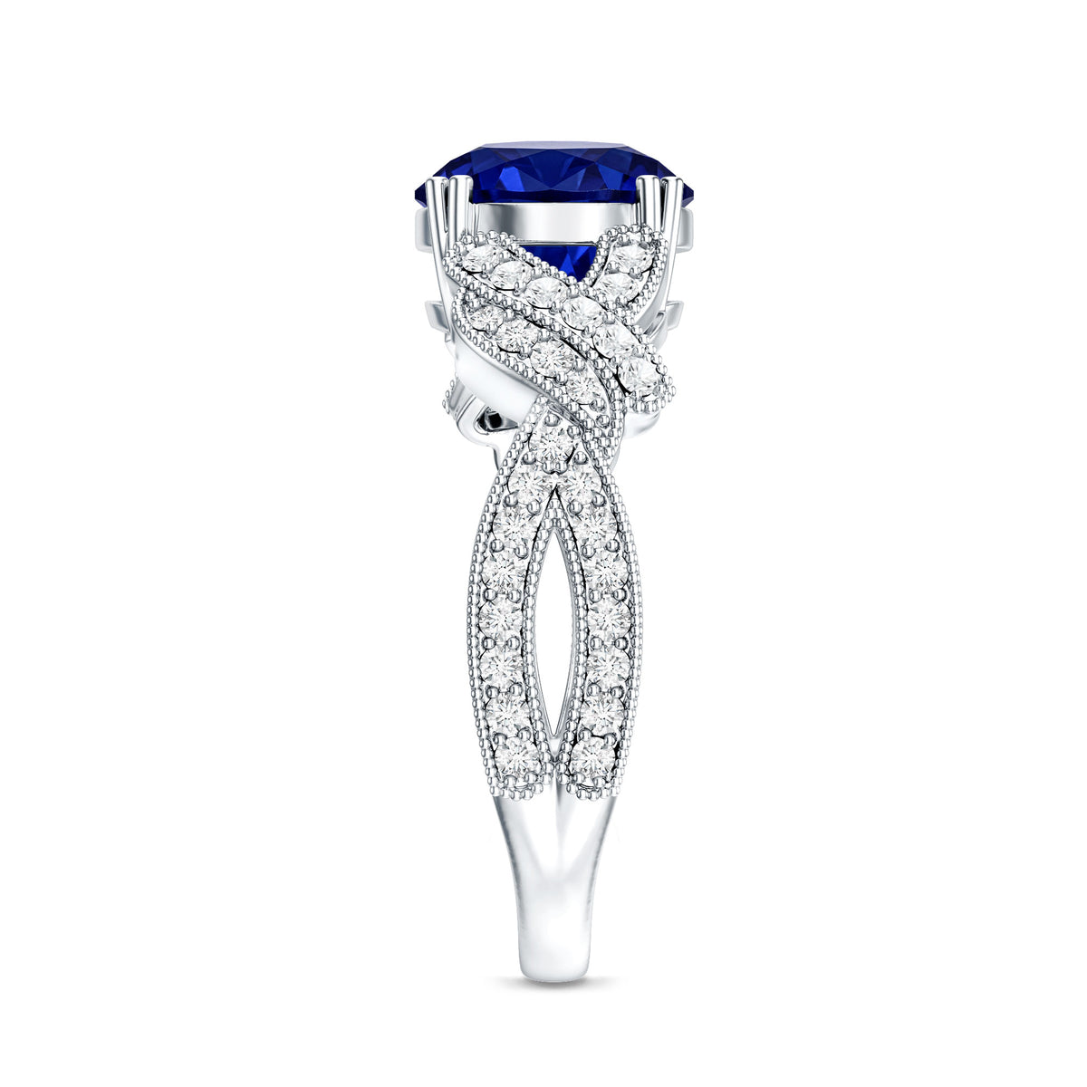 Designer 2.7 Carat Lab Grown Blue Sapphire Statement Engagement Ring with Diamond AAAA - Rosec Jewels