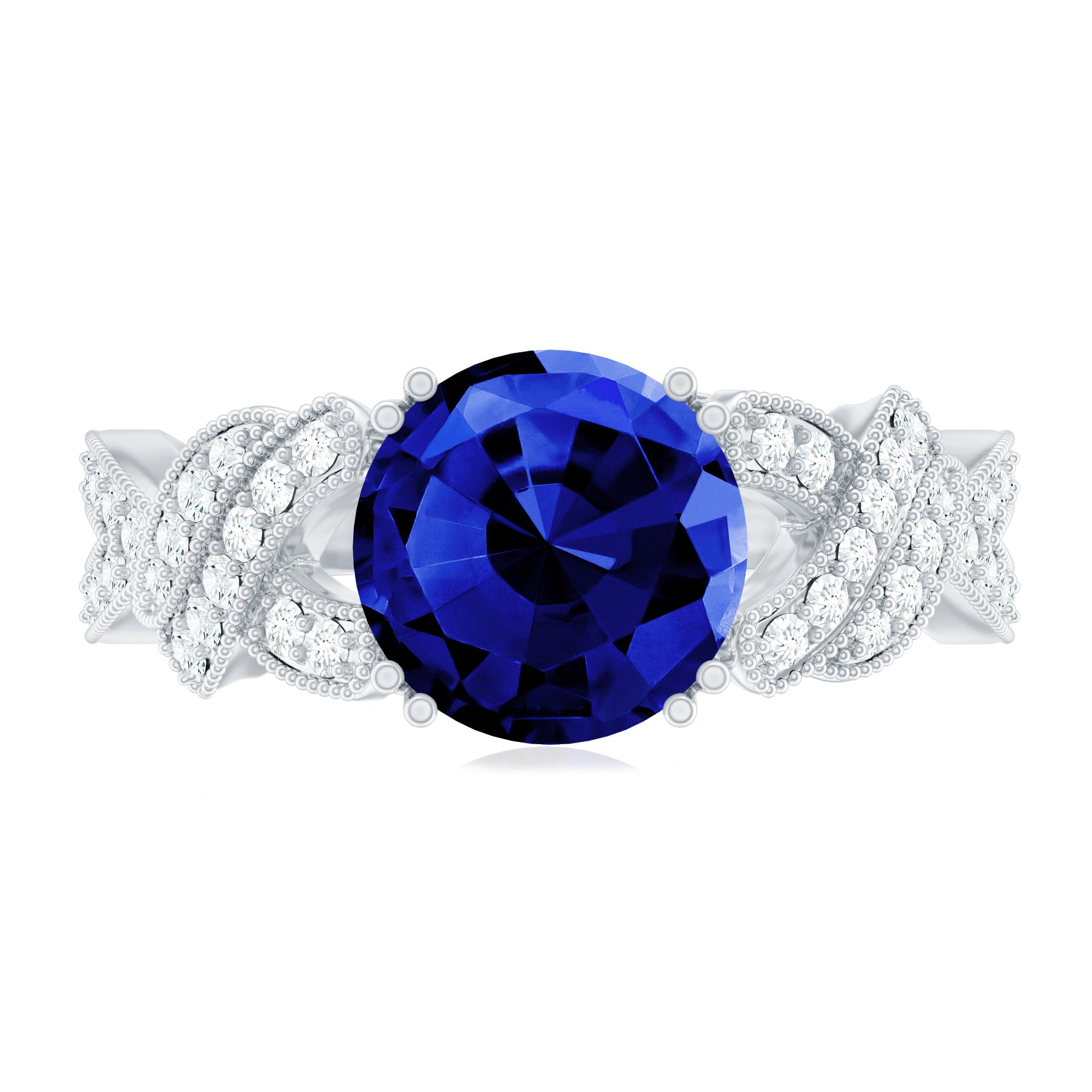 Designer 2.7 Carat Lab Grown Blue Sapphire Statement Engagement Ring with Diamond AAAA - Rosec Jewels