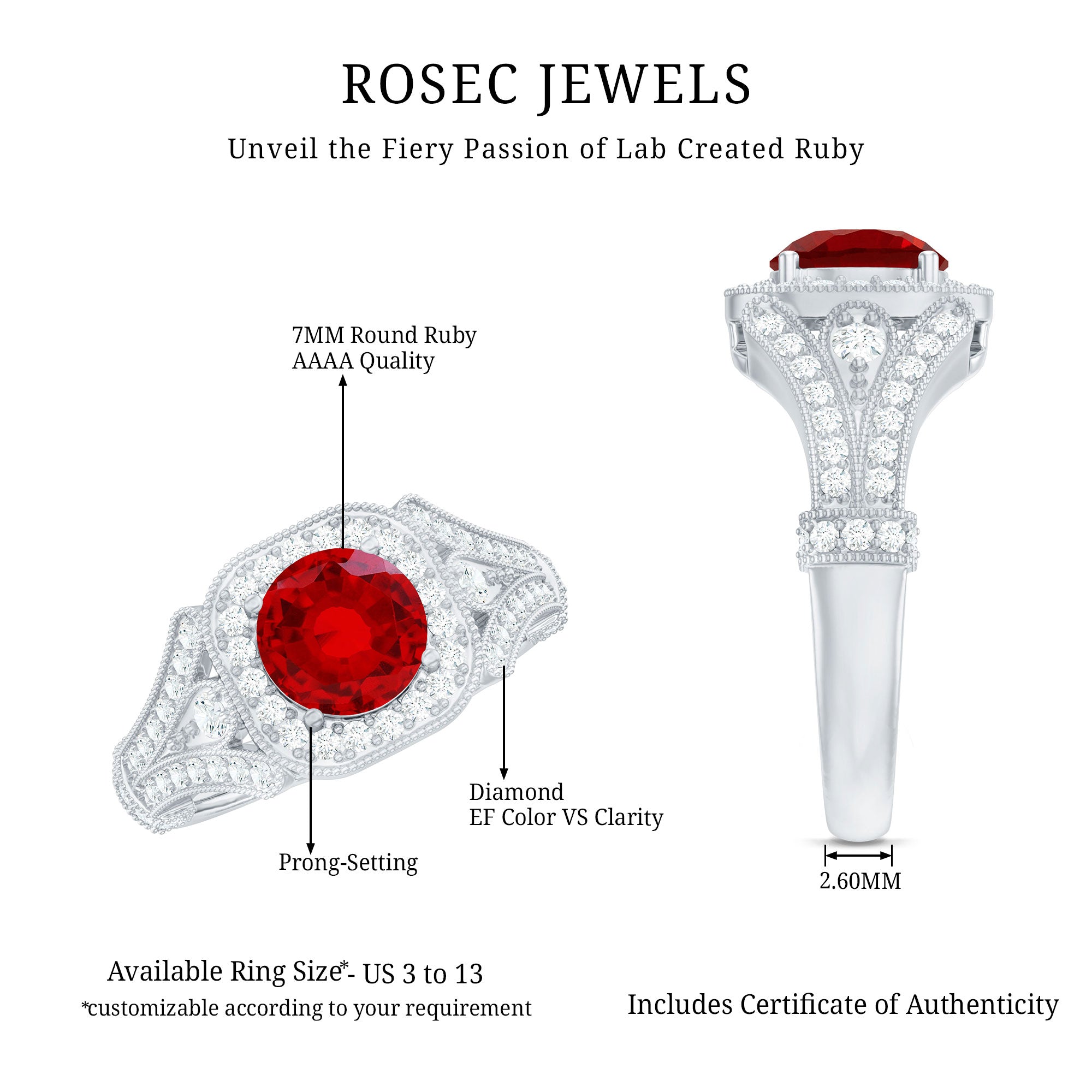 Antique Looking Lab Grown Ruby Engagement Ring with Diamond Halo AAAA - Rosec Jewels