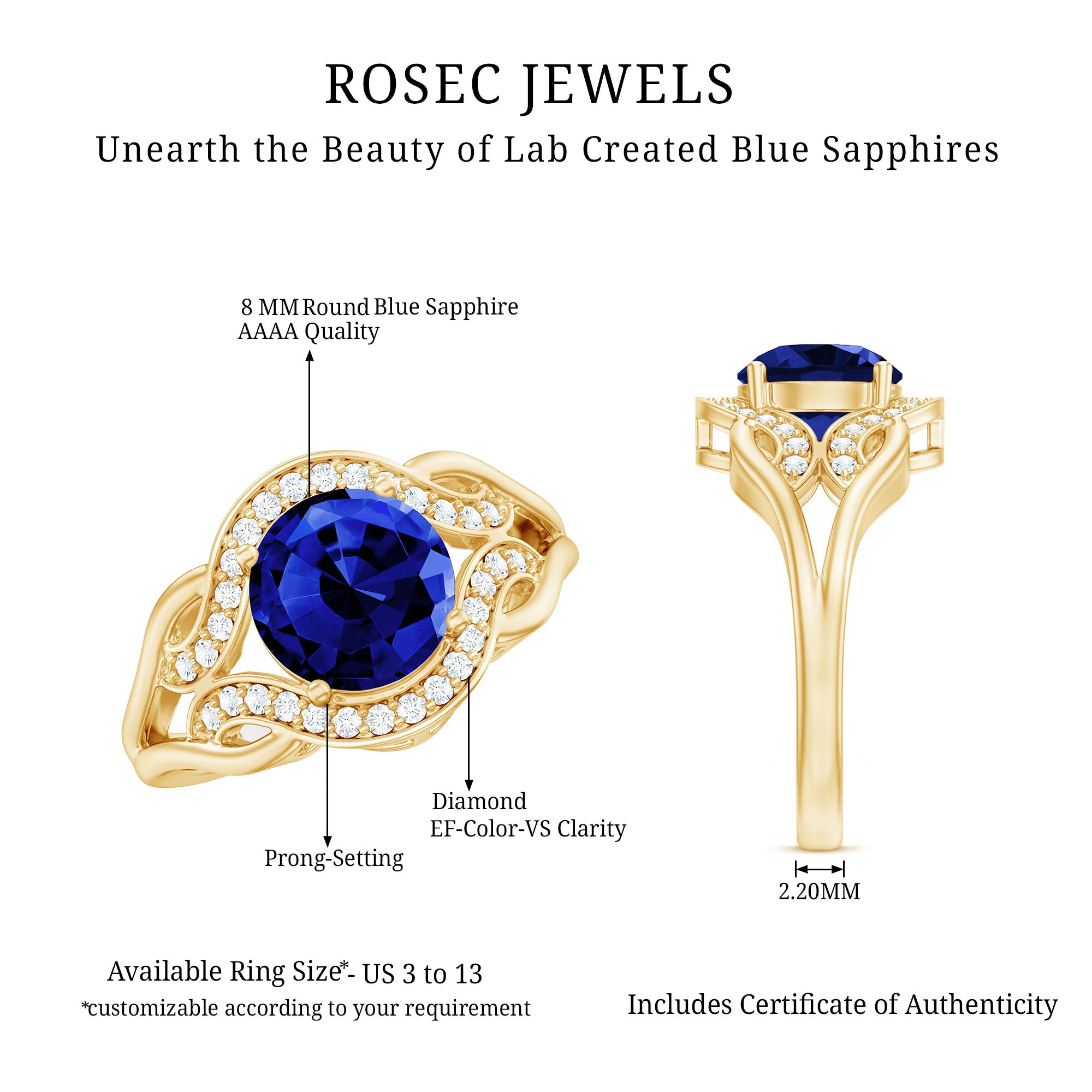 Rosec Jewels-Certified Lab Grown Blue Sapphire Antique engagement ring with Diamond