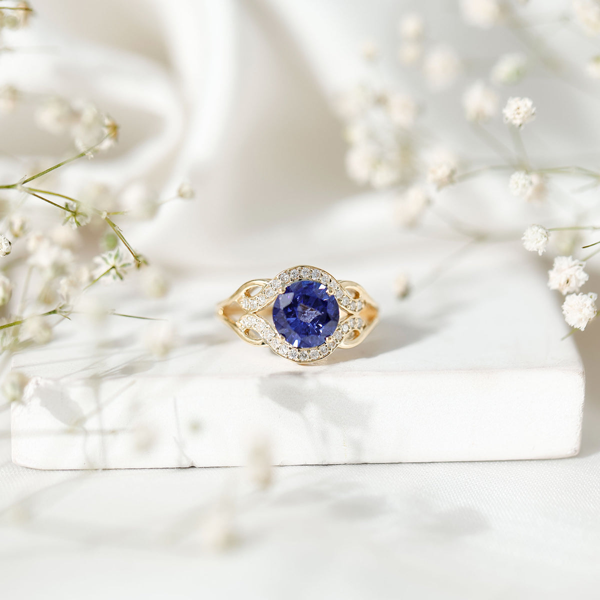 Certified Lab Grown Blue Sapphire Antique engagement ring with Diamond AAAA - Rosec Jewels