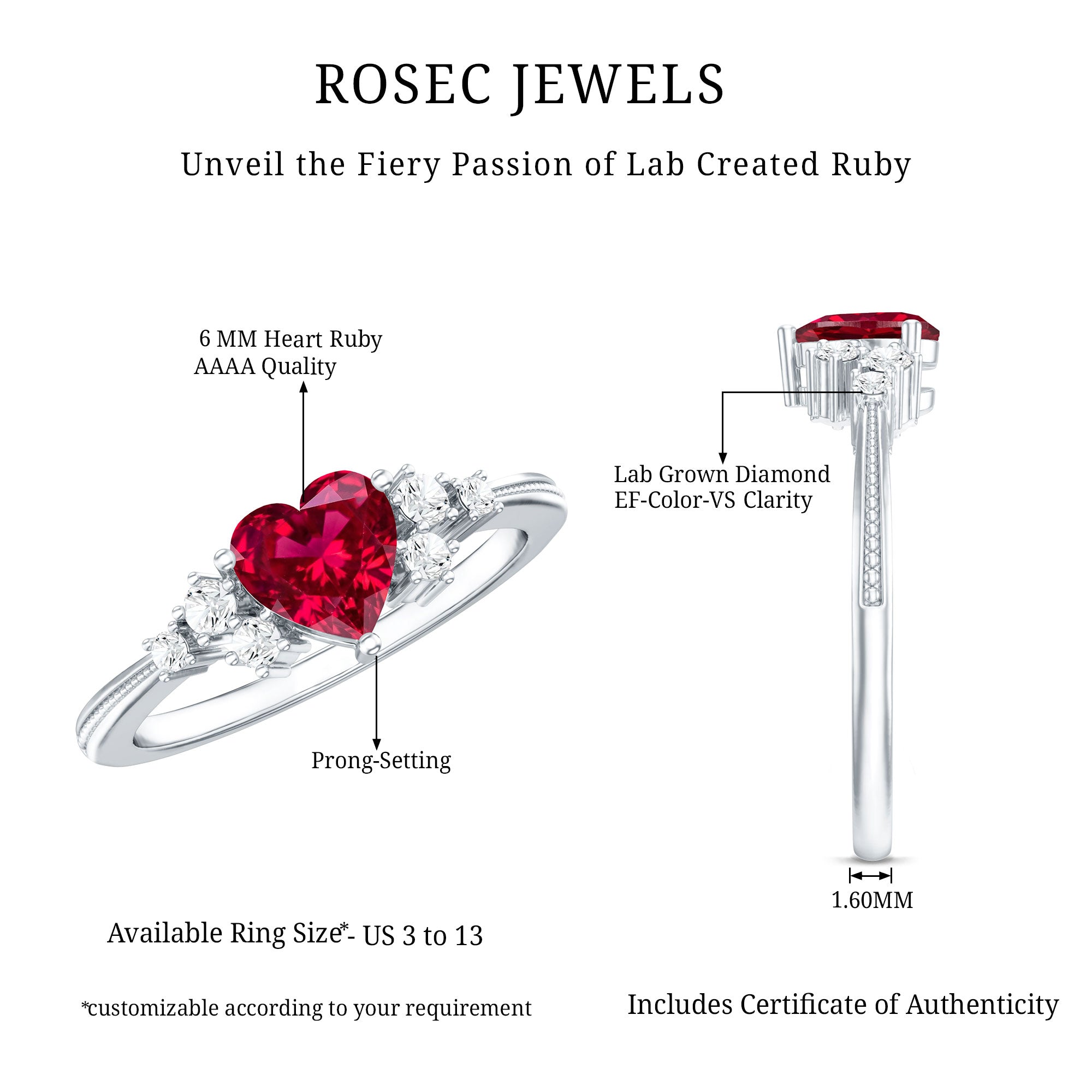 Lab Grown Ruby Heart Promise Ring with Diamond Accent AAAA - Rosec Jewels