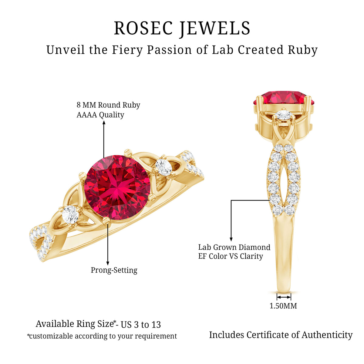 Certified Lab Created Ruby Solitaire Engagement Ring with Diamonds AAAA - Rosec Jewels