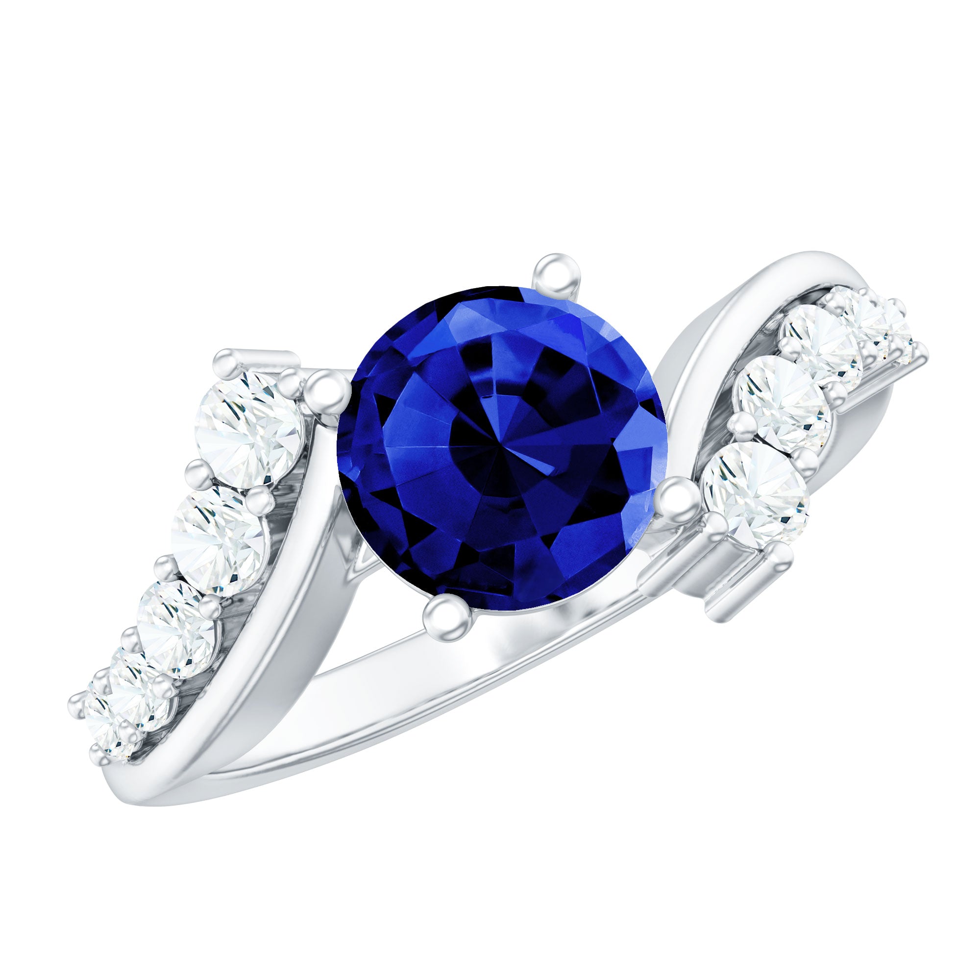 Certified 2.7 Carat Lab Grown Blue Sapphire Engagement Ring with Diamond Bypass Shank AAAA - Rosec Jewels