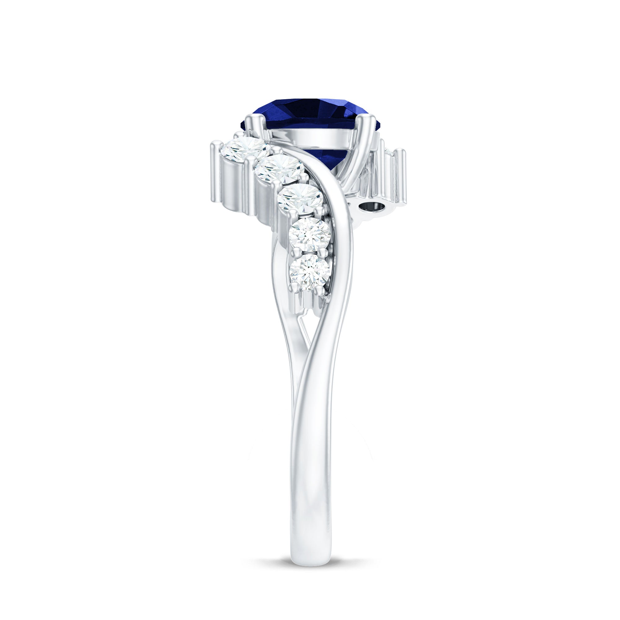 Certified 2.7 Carat Lab Grown Blue Sapphire Engagement Ring with Diamond Bypass Shank AAAA - Rosec Jewels
