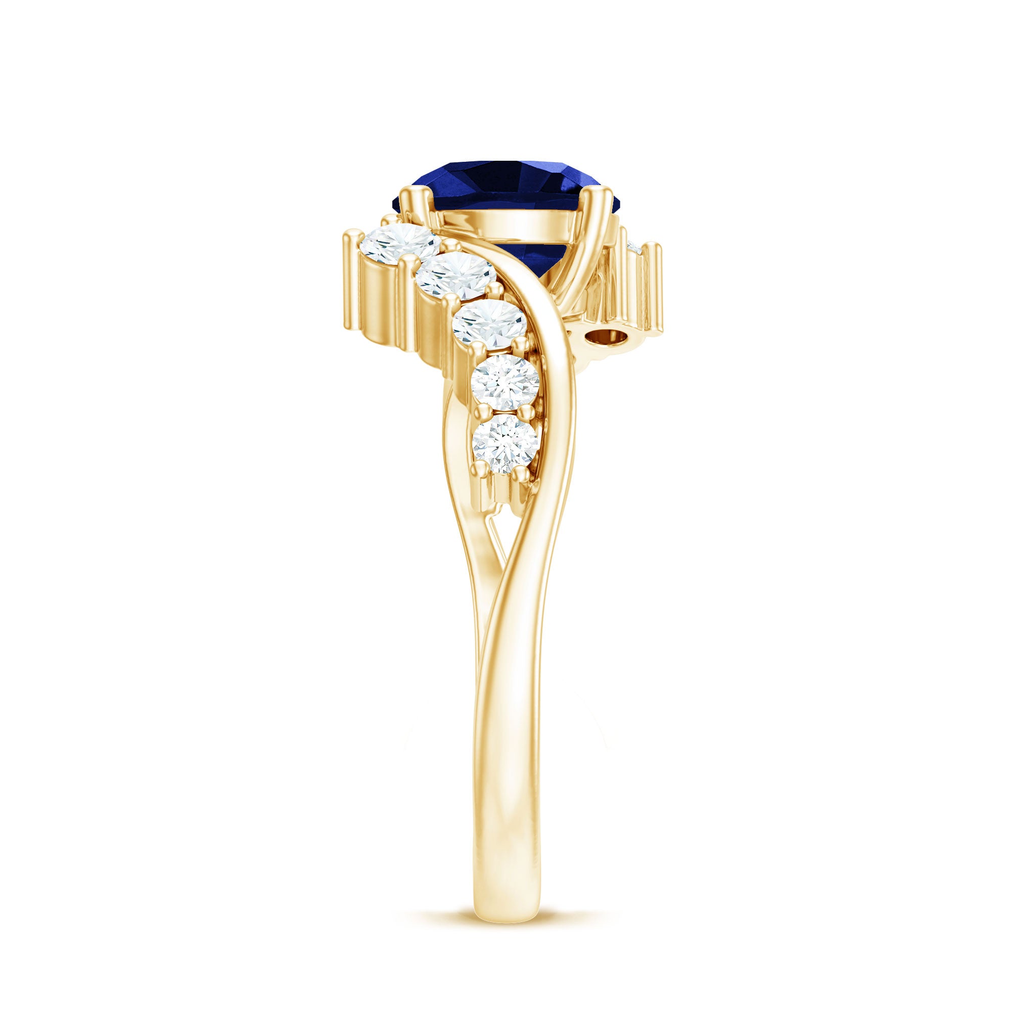 Certified 2.7 Carat Lab Grown Blue Sapphire Engagement Ring with Diamond Bypass Shank AAAA - Rosec Jewels