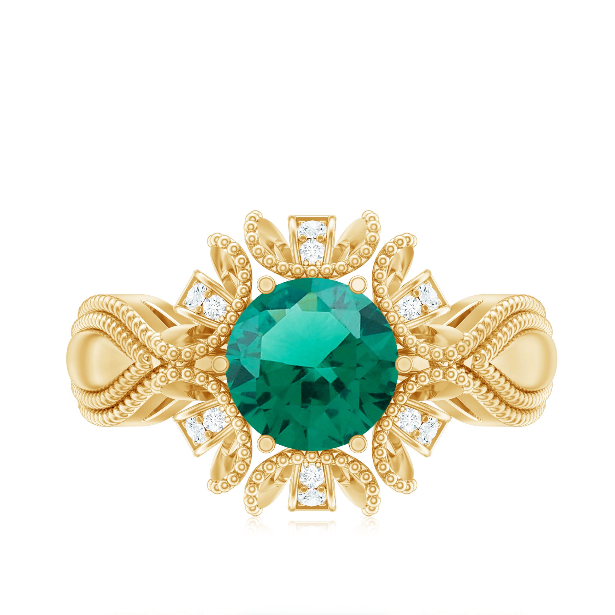 Lab Grown Emerald Vintage Style Flower Engagement Ring With Diamond AAAA - Rosec Jewels