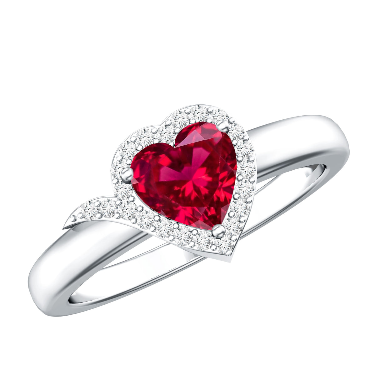 0.9 Carat Lab Grown Ruby Heart Engagement Ring with Diamond Halo AAAA - Rosec Jewels