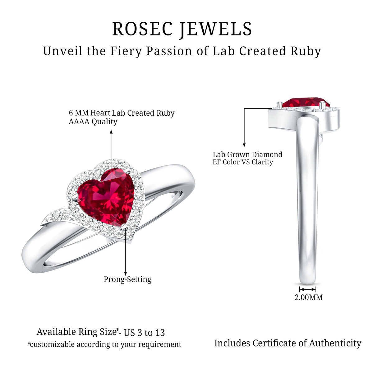 0.9 Carat Lab Grown Ruby Heart Engagement Ring with Diamond Halo AAAA - Rosec Jewels