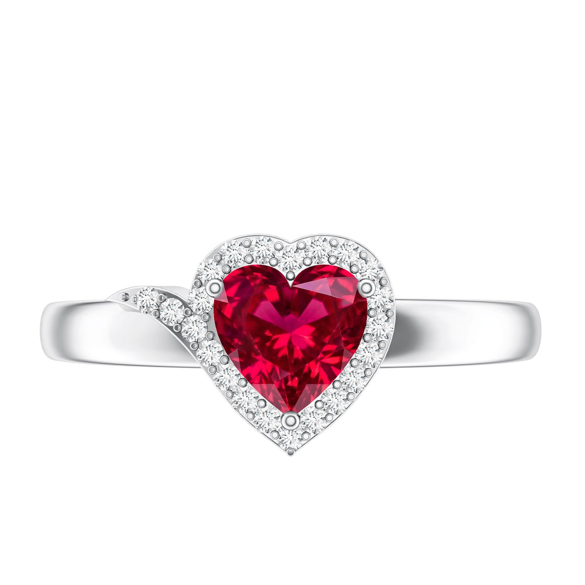 0.9 Carat Lab Grown Ruby Heart Engagement Ring with Diamond Halo AAAA - Rosec Jewels