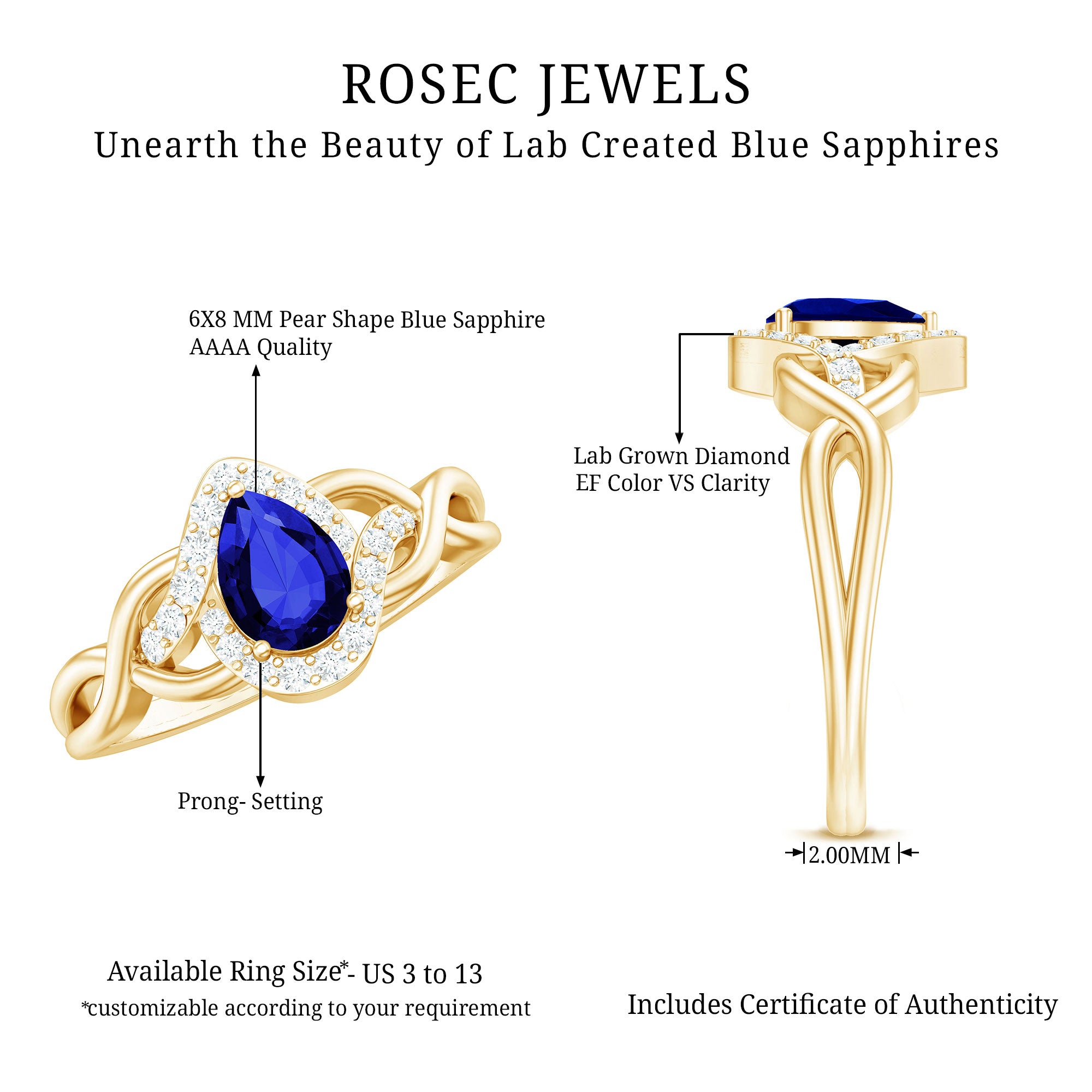 Certified 1.6 Carat Lab Grown Blue Sapphire Diamond Teardrop Engagement Ring with Crossover Shank AAAA - Rosec Jewels