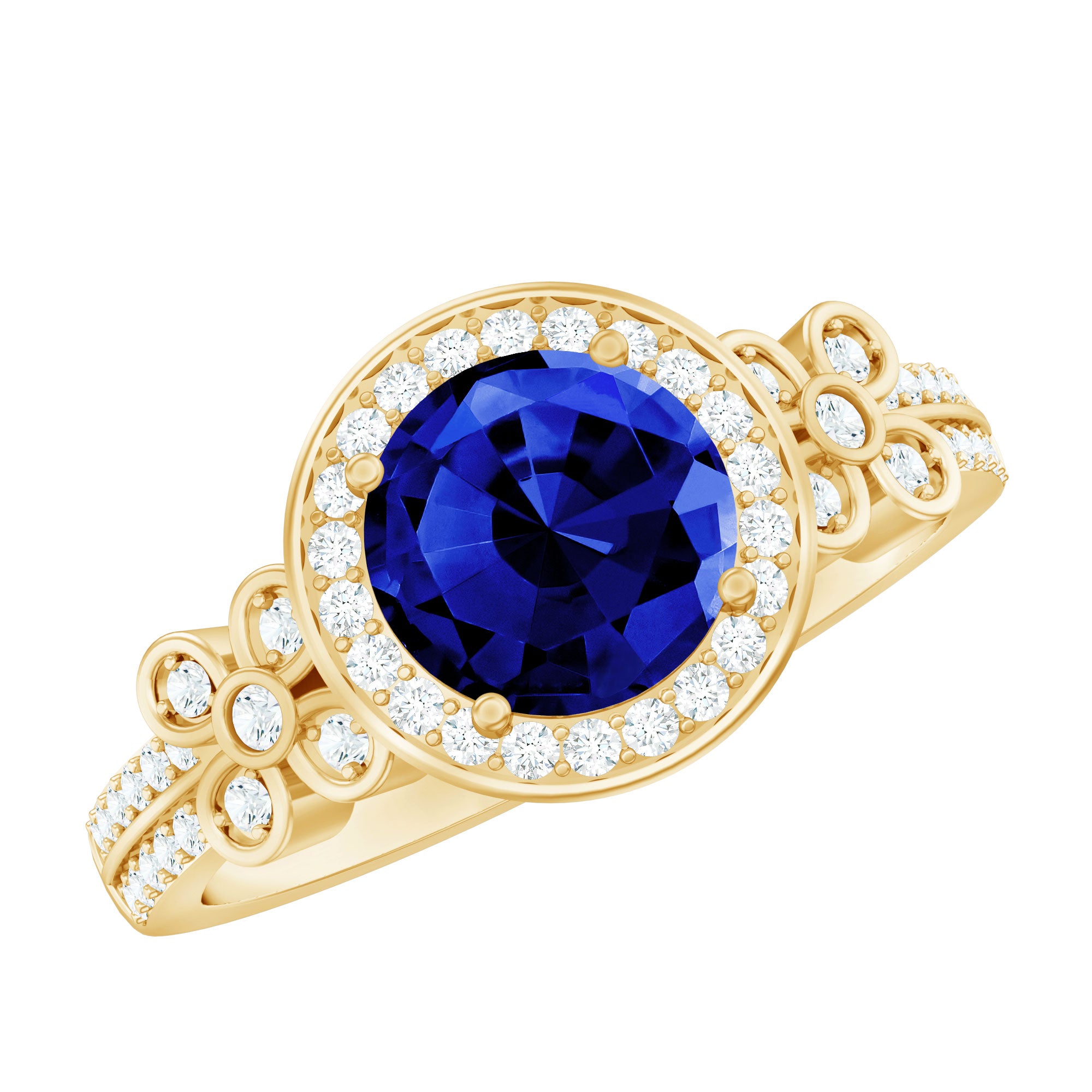 Certified 2.7 Carat Lab Grown Blue Sapphire Halo Engagement Ring with Diamond Flower AAAA - Rosec Jewels