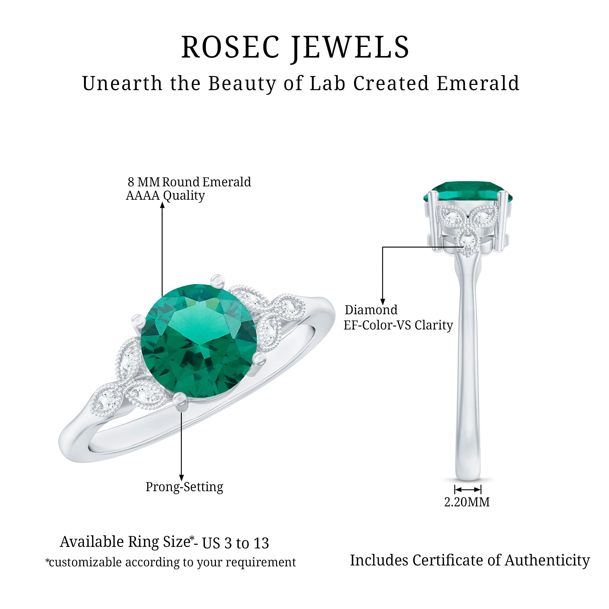 Lab Created Emerald Solitaire Engagement Ring With Diamond AAAA - Rosec Jewels