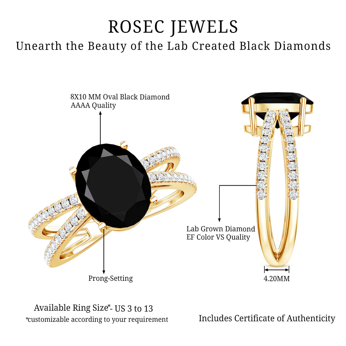 4.2 Carat Lab Grown Black Diamond Split Shank Engagement Ring with White Diamond AAAA ( Synthetic ) - Rosec Jewels
