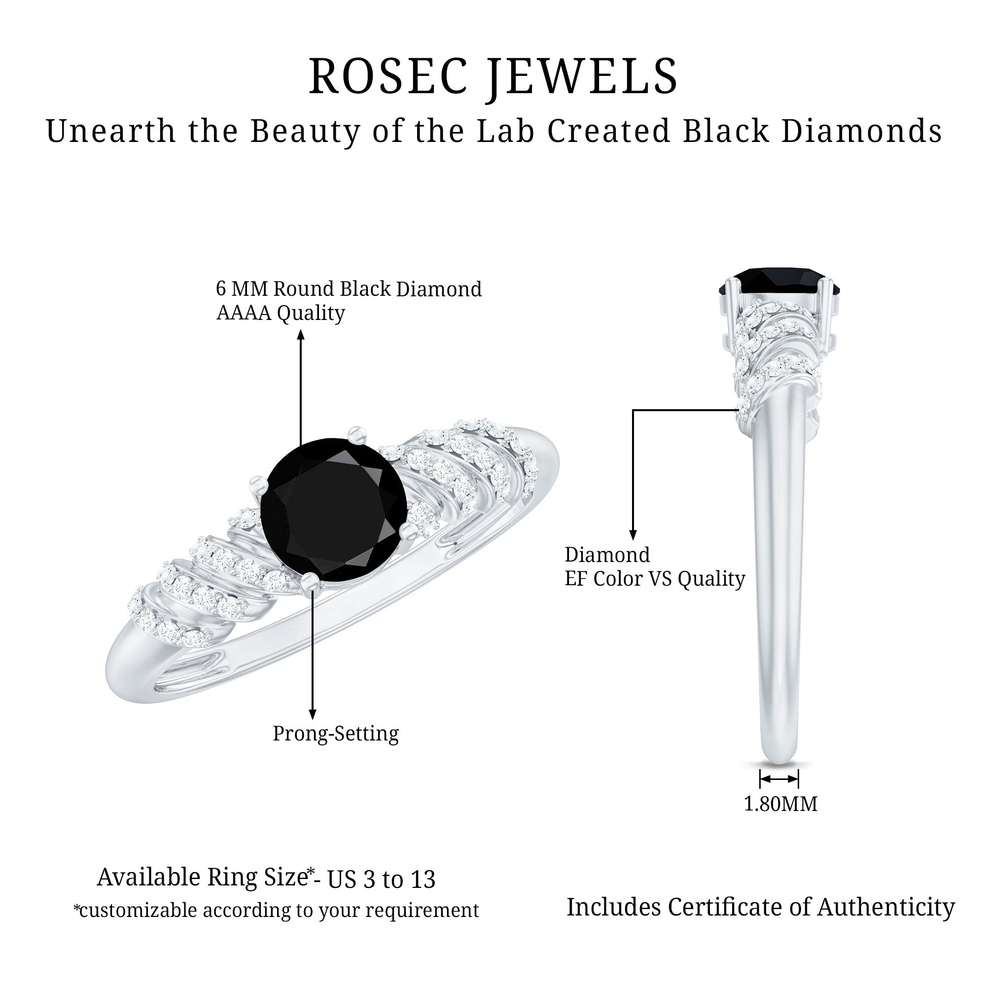 Rosec Jewels-Lab Grown Black Diamond Solitaire Promise Ring With Diamond