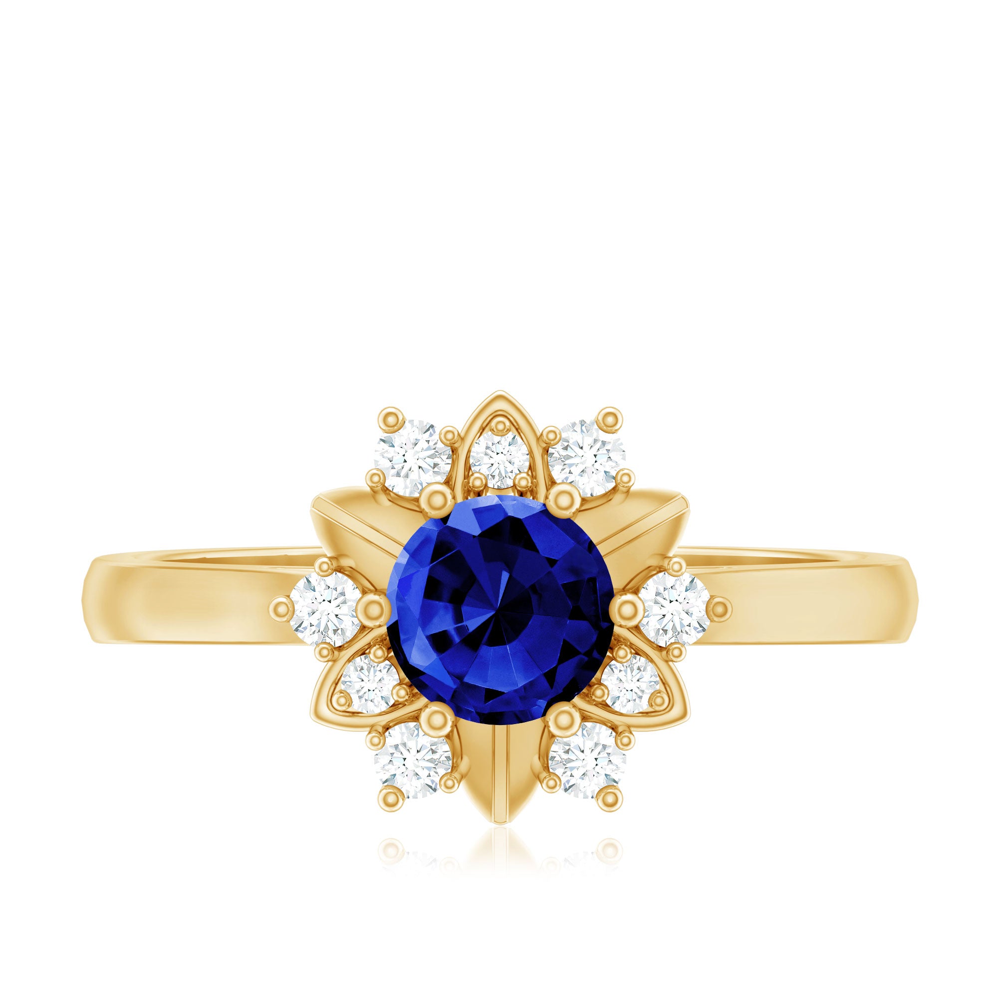 Certified 0.6 Carat Lab Grown Blue Sapphire Flower Engagement Ring with Diamond AAAA - Rosec Jewels