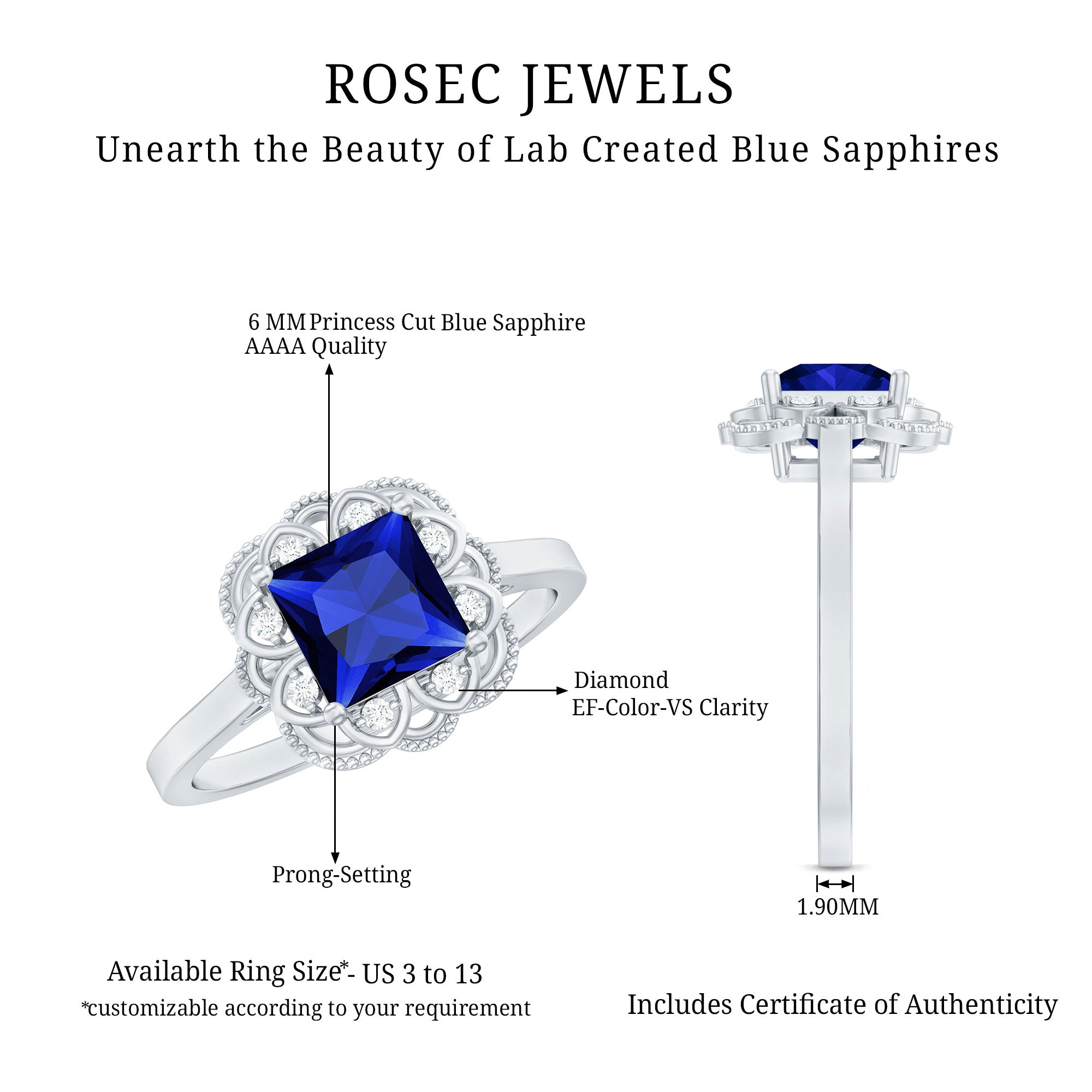 Art Deco 1.5 Carat Lab Grown Blue Sapphire Princess Cut Engagement Ring with Diamond AAAA - Rosec Jewels
