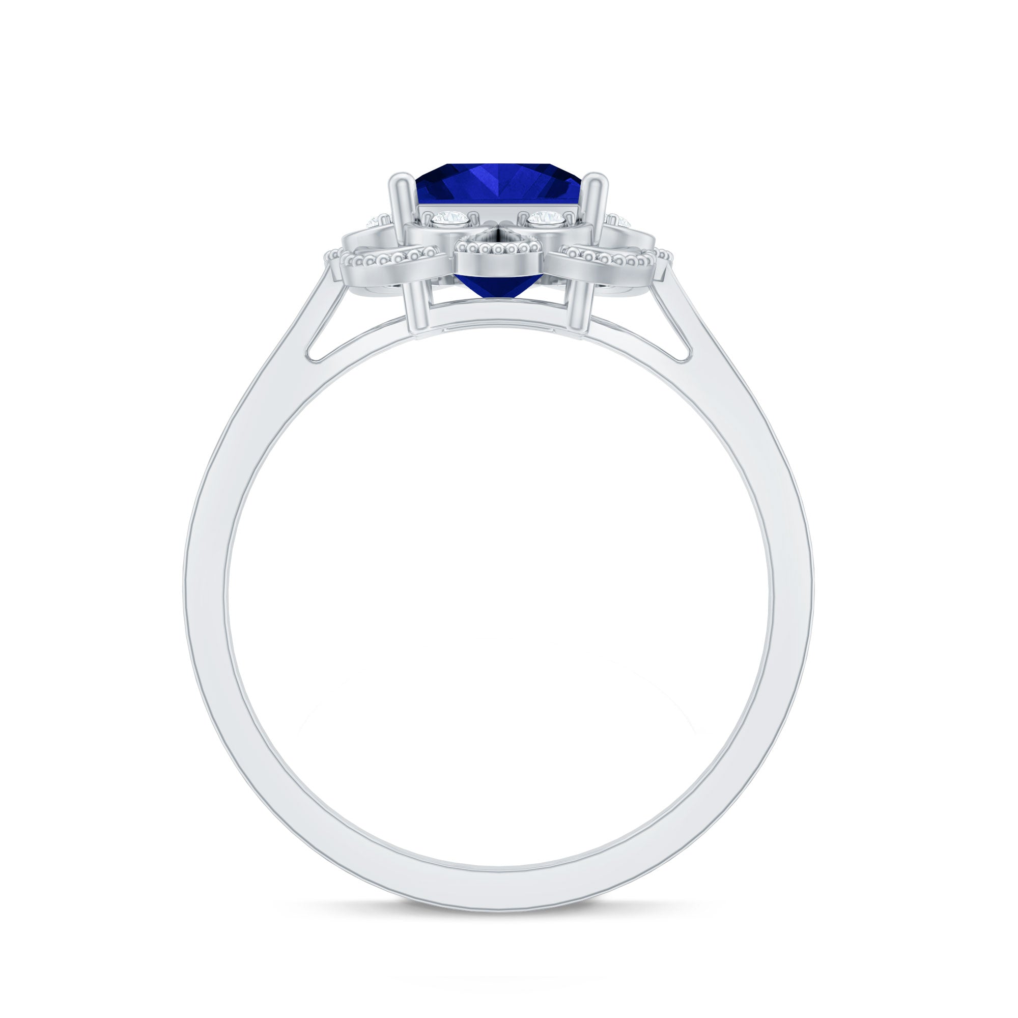 Art Deco 1.5 Carat Lab Grown Blue Sapphire Princess Cut Engagement Ring with Diamond AAAA - Rosec Jewels