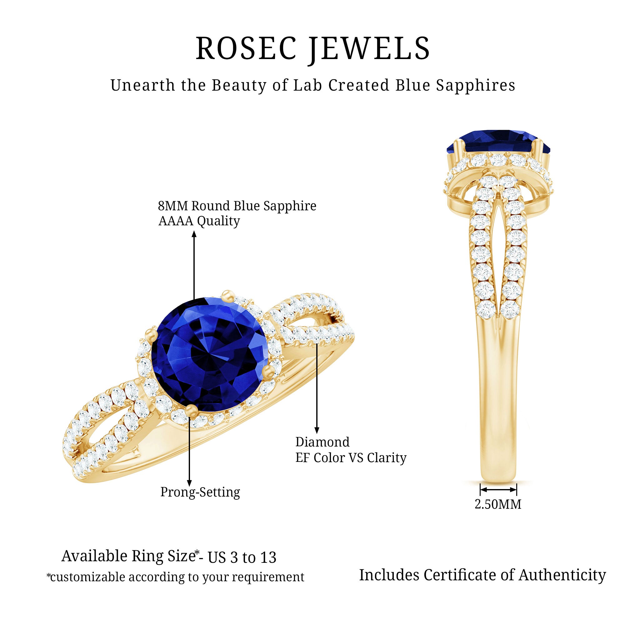 Certified 2.7 Carat Lab Grown Blue Sapphire Engagement Ring with Diamond for Women AAAA - Rosec Jewels