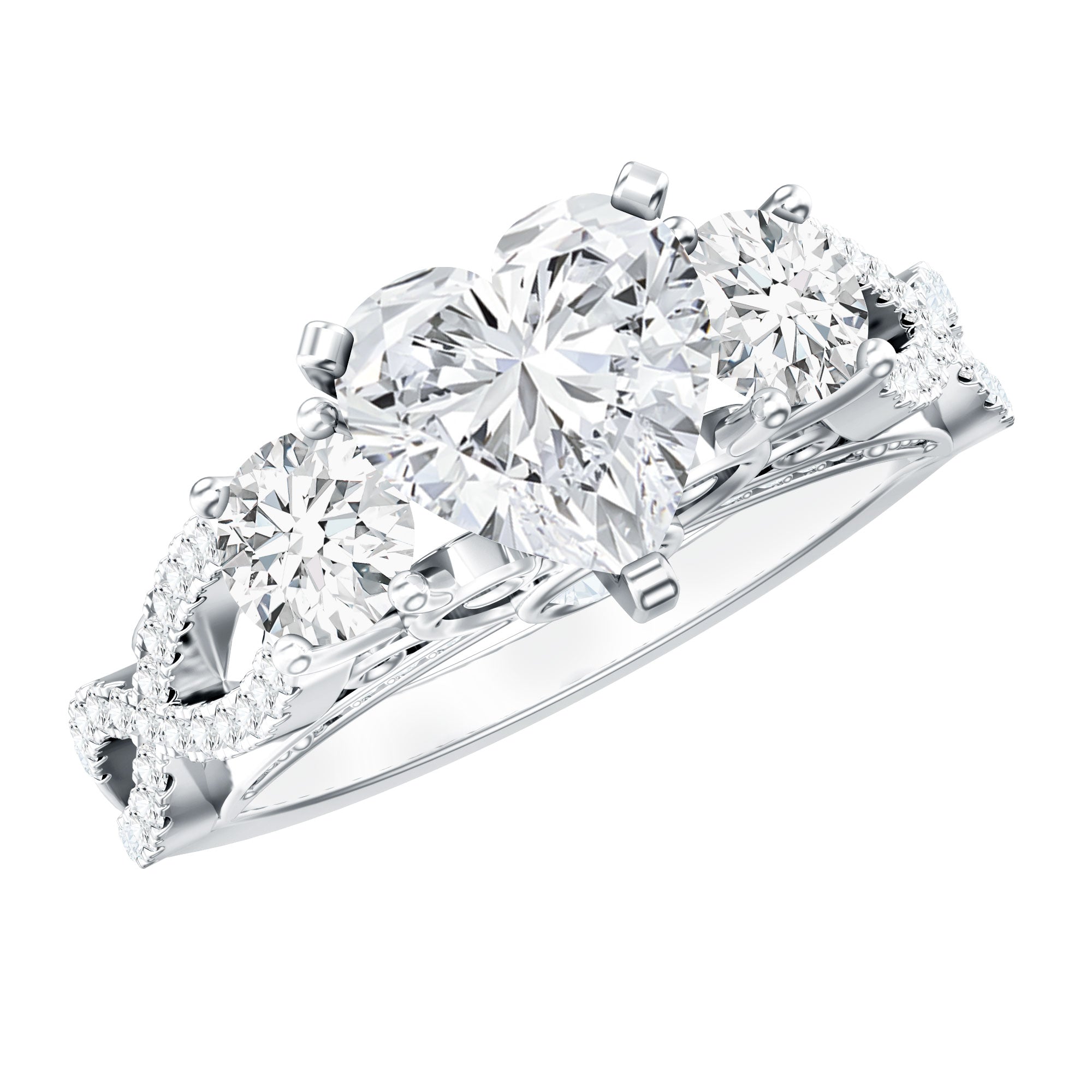 Heart Moissanite 3 Stone Engagement Ring in Crossover Band