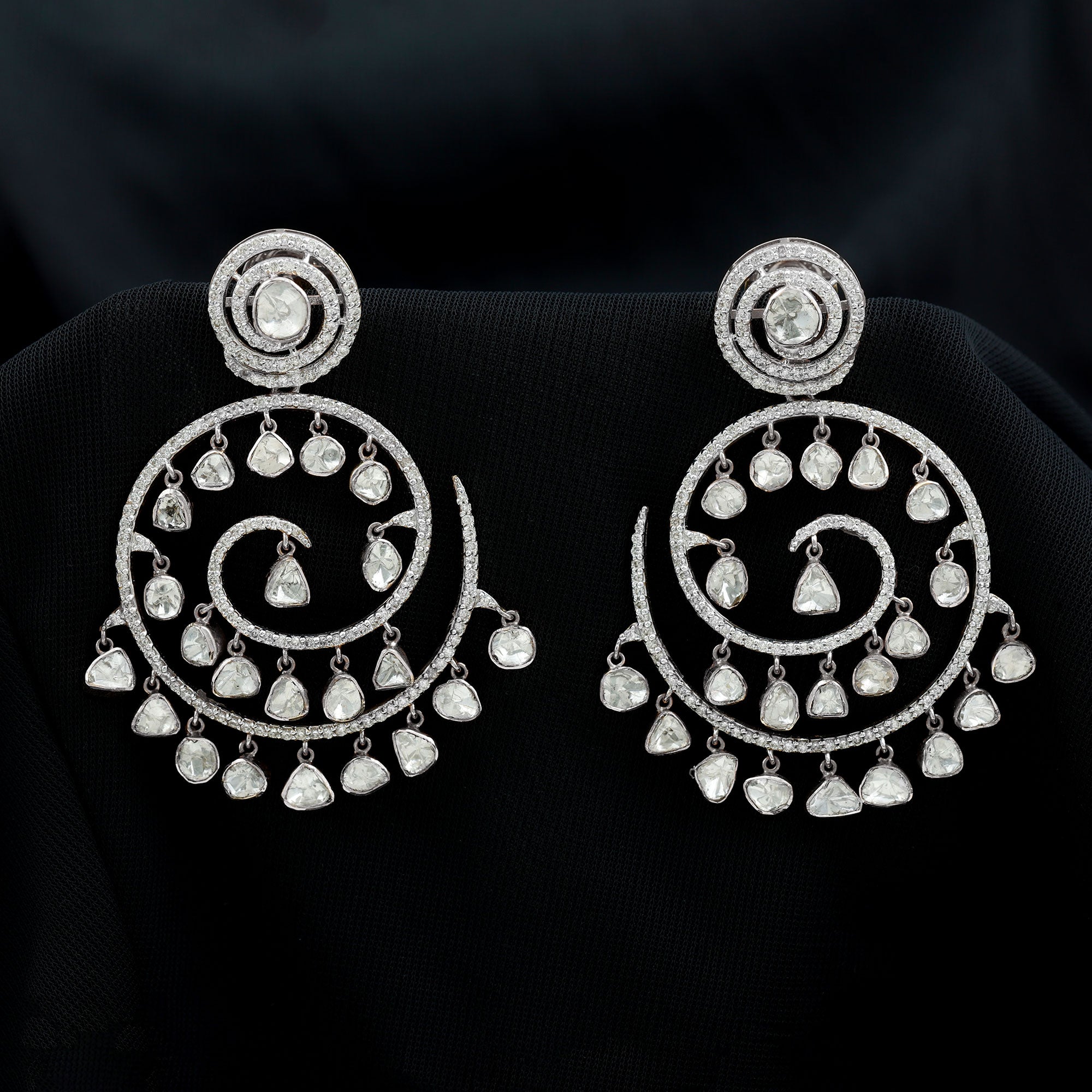 Designer Polki Diamond Chandelier Spiral Earrings in Gold - Rosec Jewels
