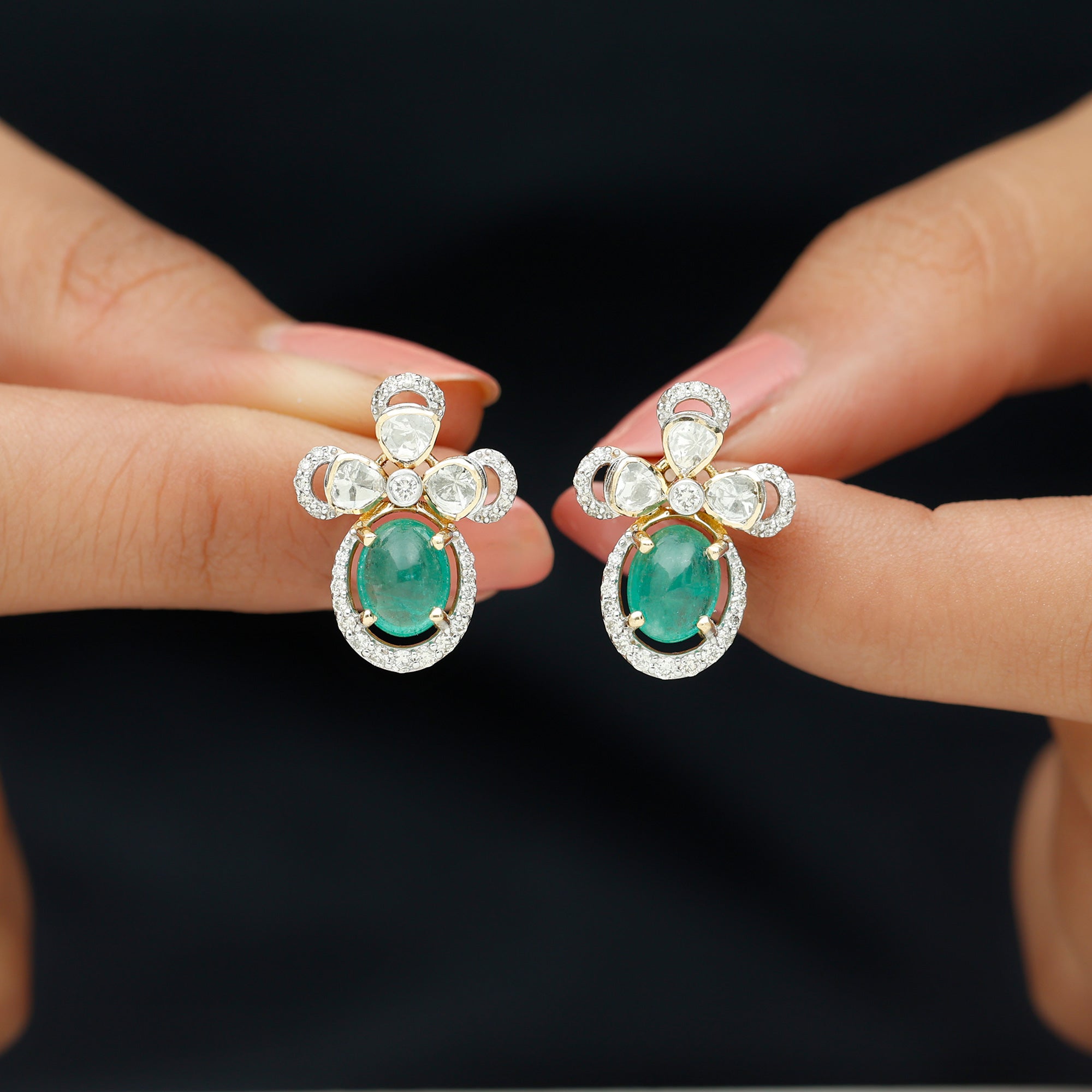 Oval Emerald and Uncut Diamond Flower Stud Earrings - Rosec Jewels